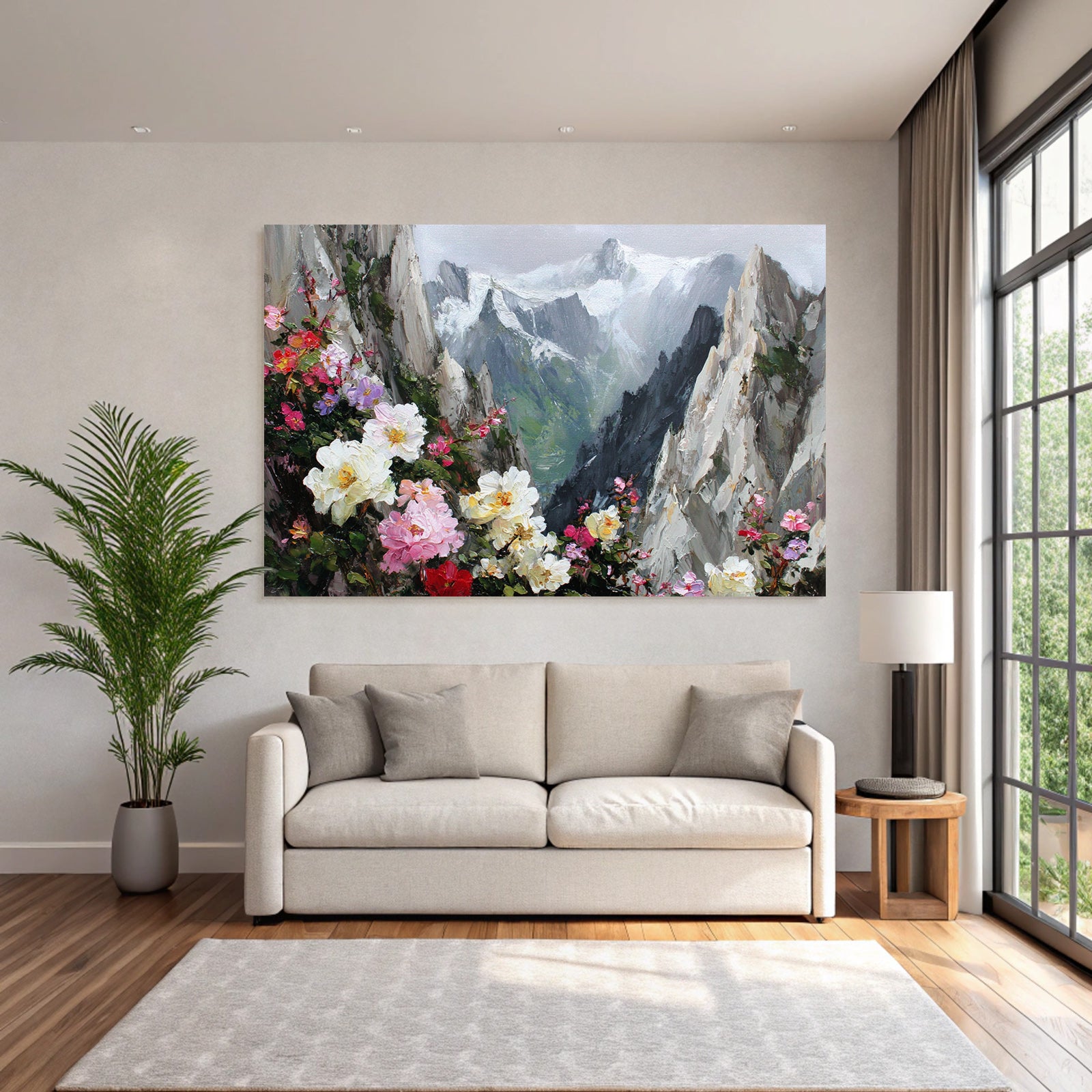 Berglandschaft Mit Bunten Blumen Im Vordergrund Und Schneebedeckten Gipfeln