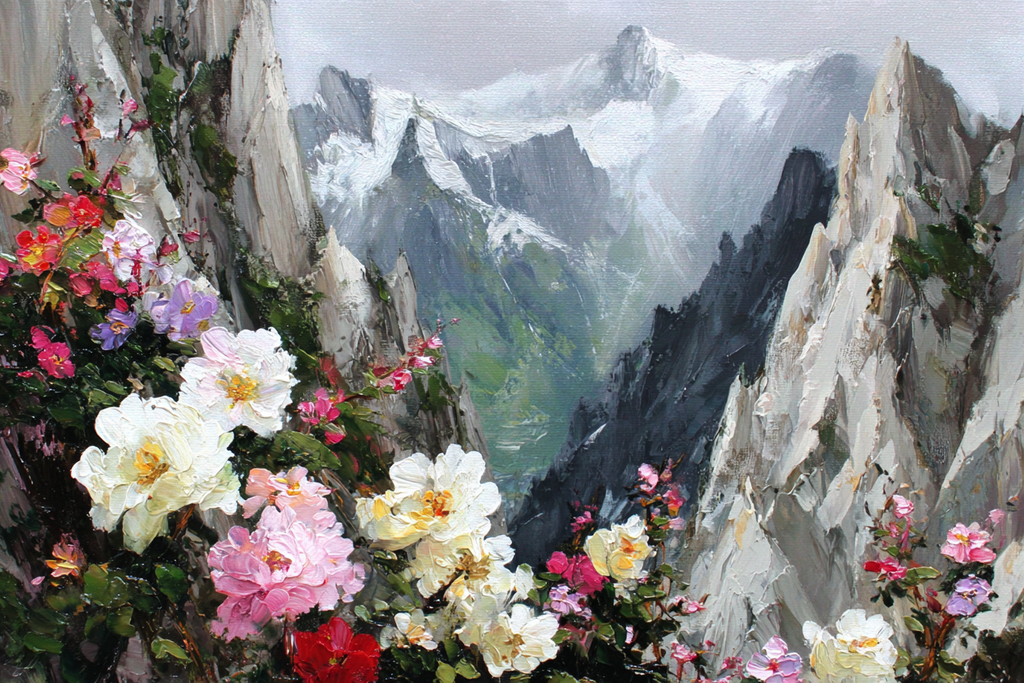 Berglandschaft Mit Bunten Blumen Im Vordergrund Und Schneebedeckten Gipfeln | Wasserfaelle und Tropfen | Natur