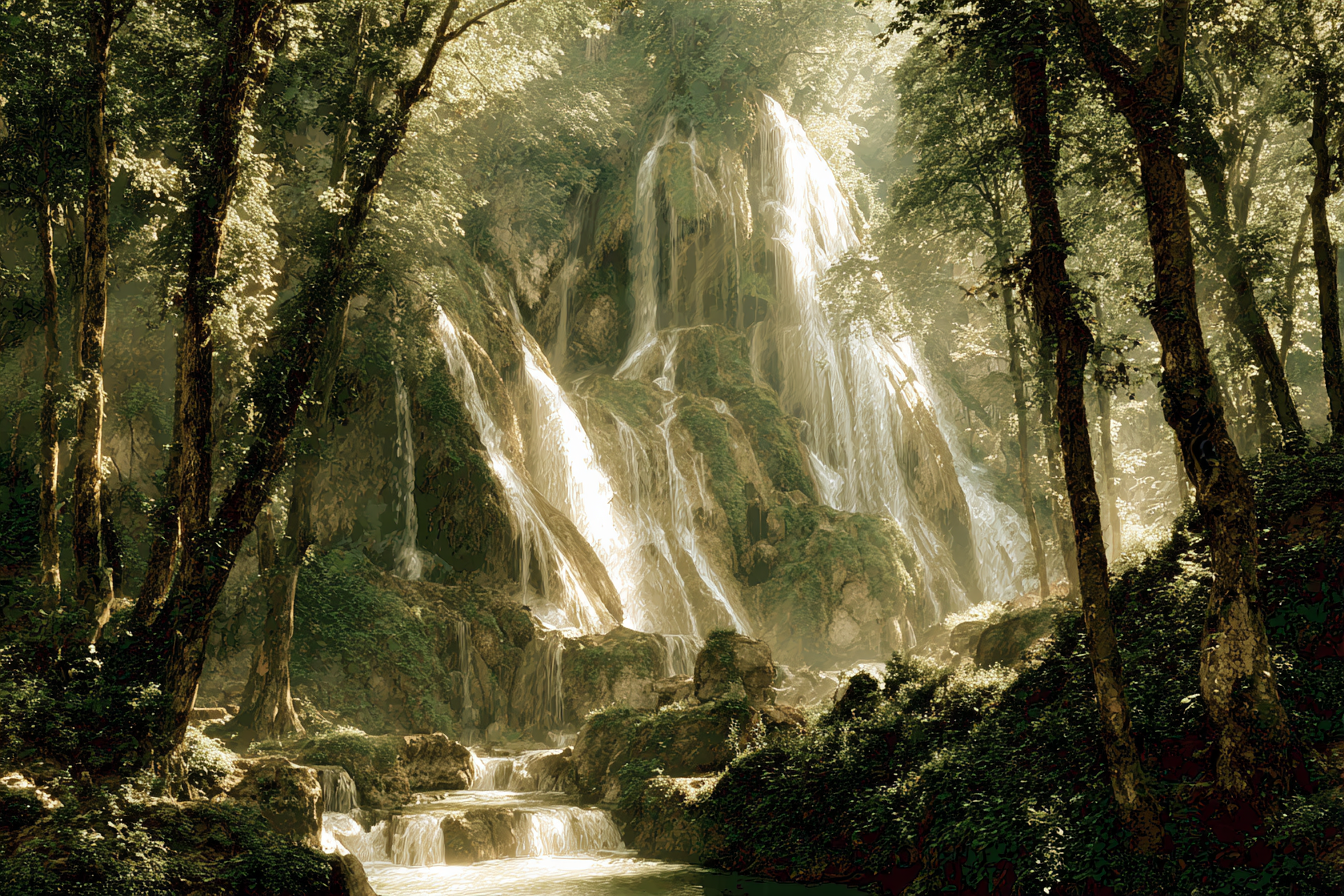Beruhender Wasserfall Im Wald Mit Sanftem Sonnenlicht Und Nebel | Wasserfaelle und Tropfen | Natur