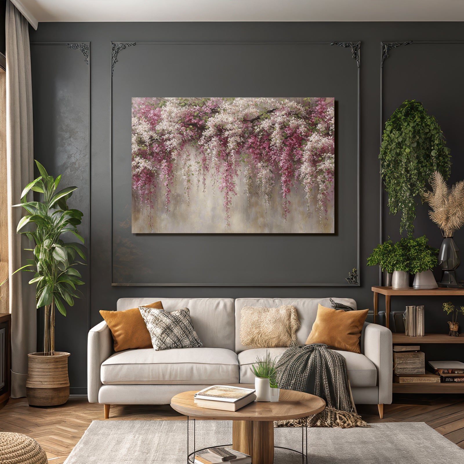 Blumengirlande Mit Rosa Und Weissen Blüten Vor Neutralem Hintergrund