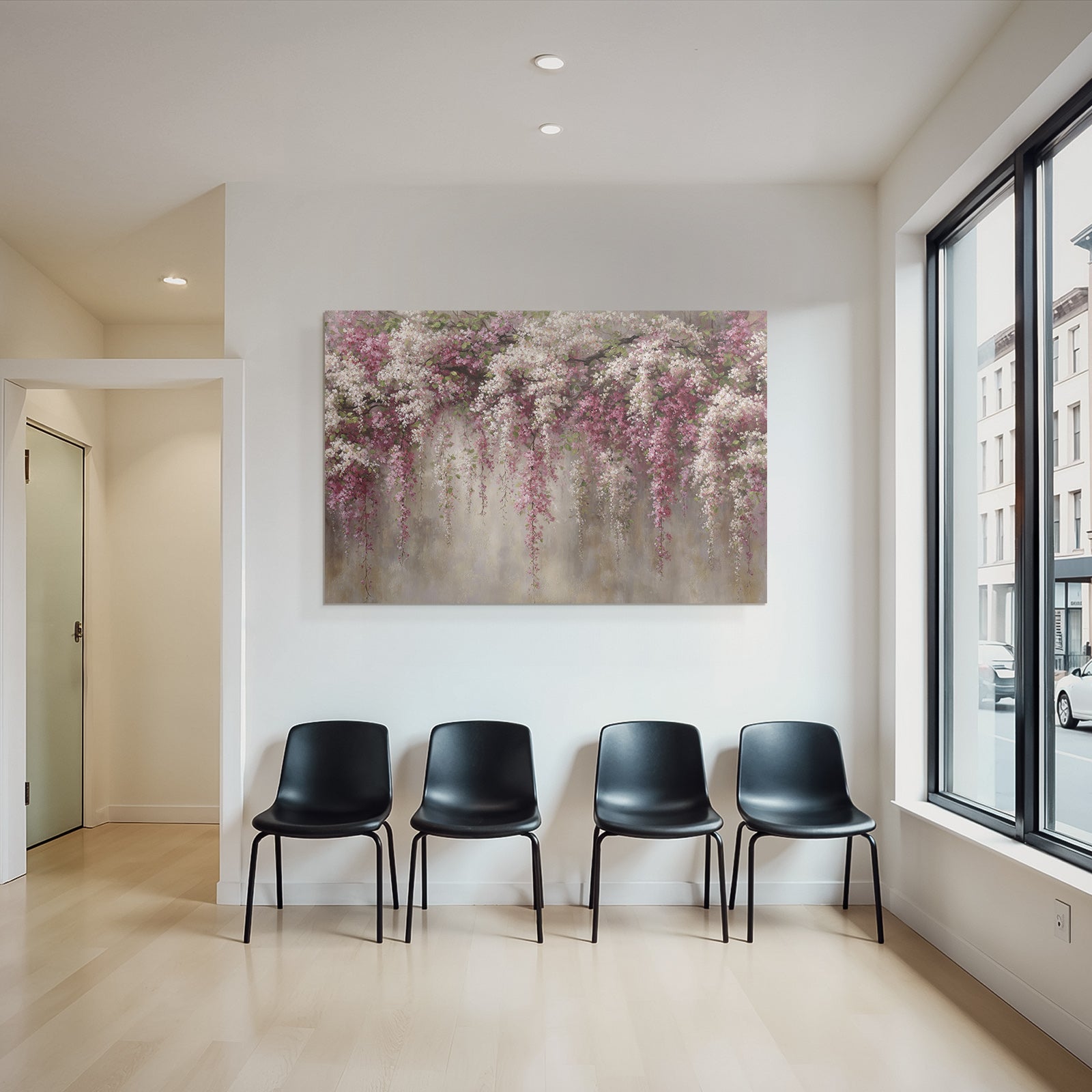 Blumengirlande Mit Rosa Und Weissen Blüten Vor Neutralem Hintergrund