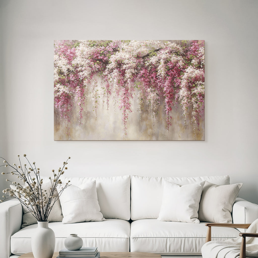 Blumengirlande Mit Rosa Und Weissen Blüten Vor Neutralem Hintergrund
