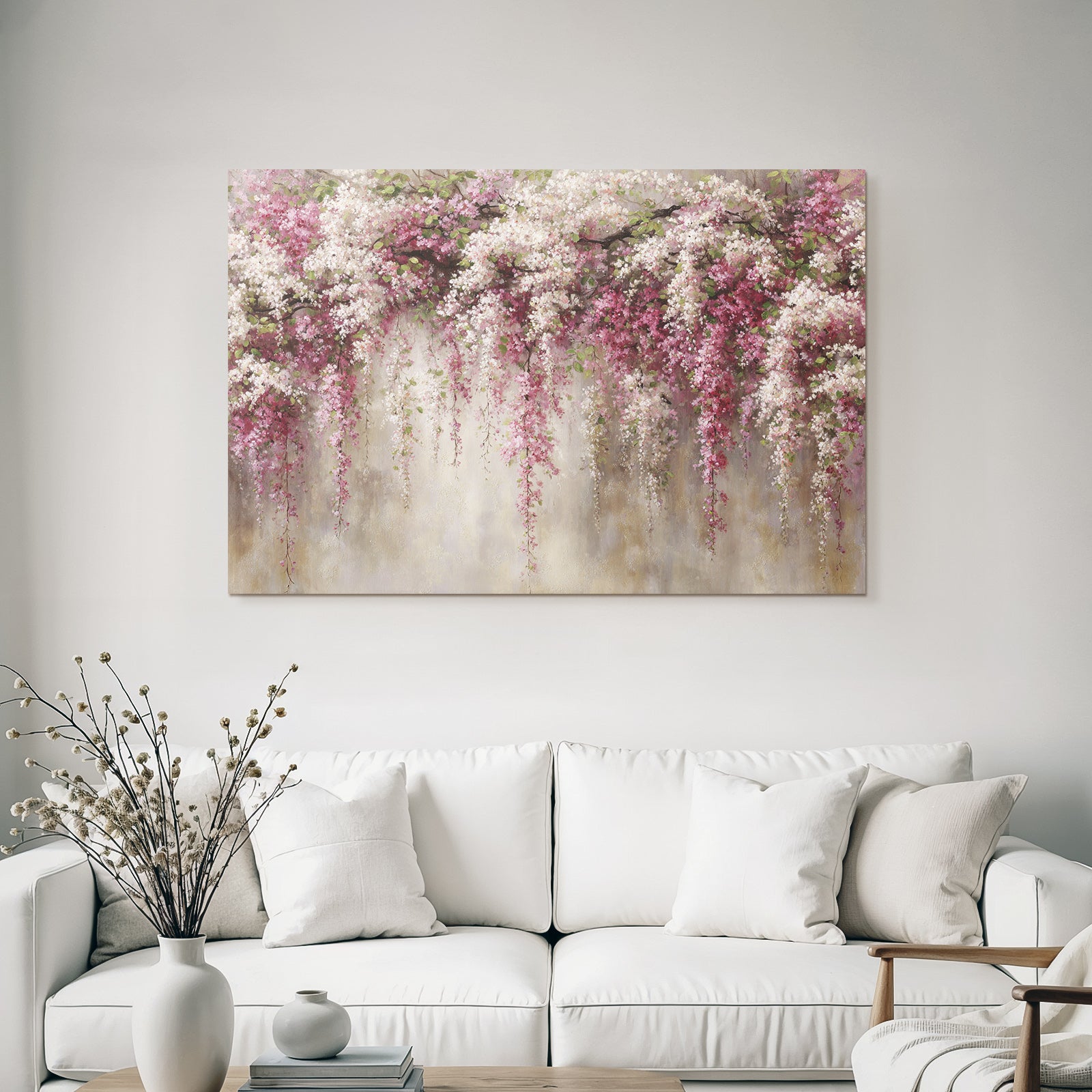 Blumengirlande Mit Rosa Und Weissen Blüten Vor Neutralem Hintergrund
