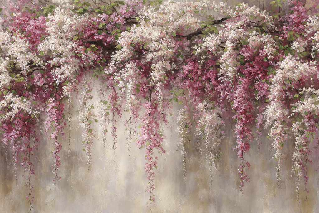 Blumengirlande Mit Rosa Und Weissen Blüten Vor Neutralem Hintergrund | Wasserfaelle und Tropfen | Natur
