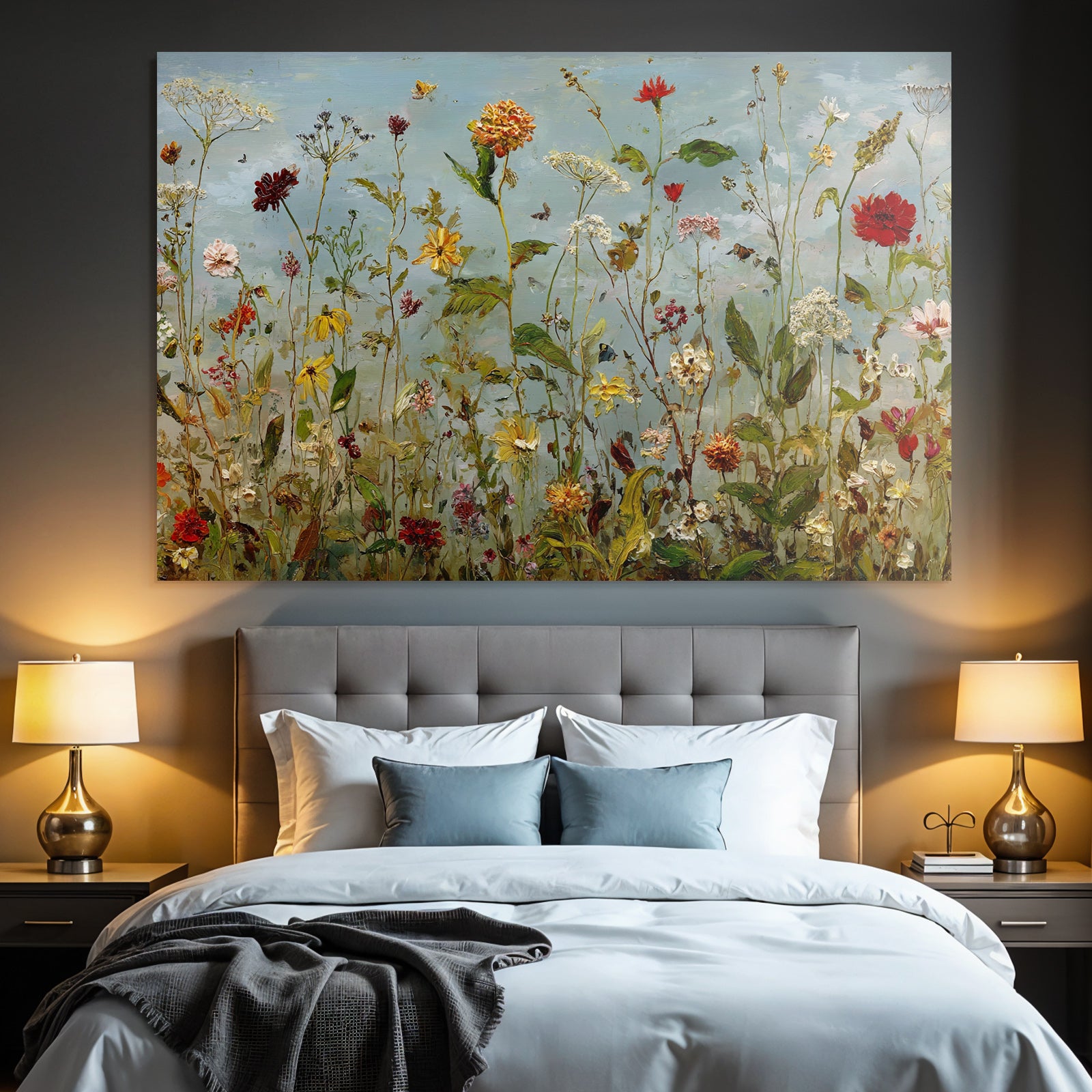 Buntes Blumenfeld Mit Vielfältigen Blüten Unter Blaüm Himmel
