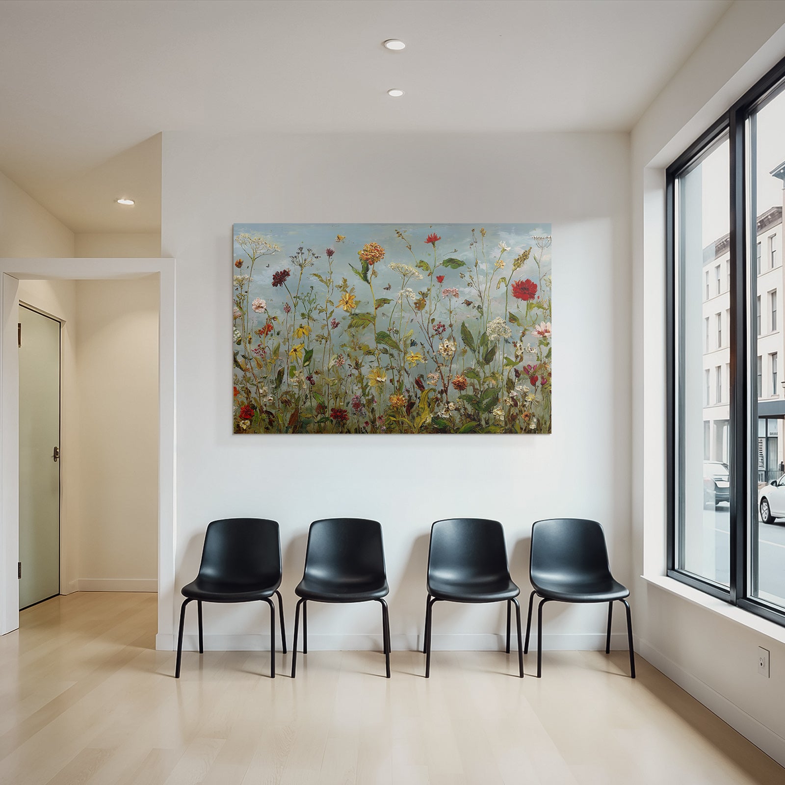 Buntes Blumenfeld Mit Vielfältigen Blüten Unter Blaüm Himmel