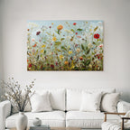 Buntes Blumenfeld Mit Vielfältigen Blüten Unter Blaüm Himmel