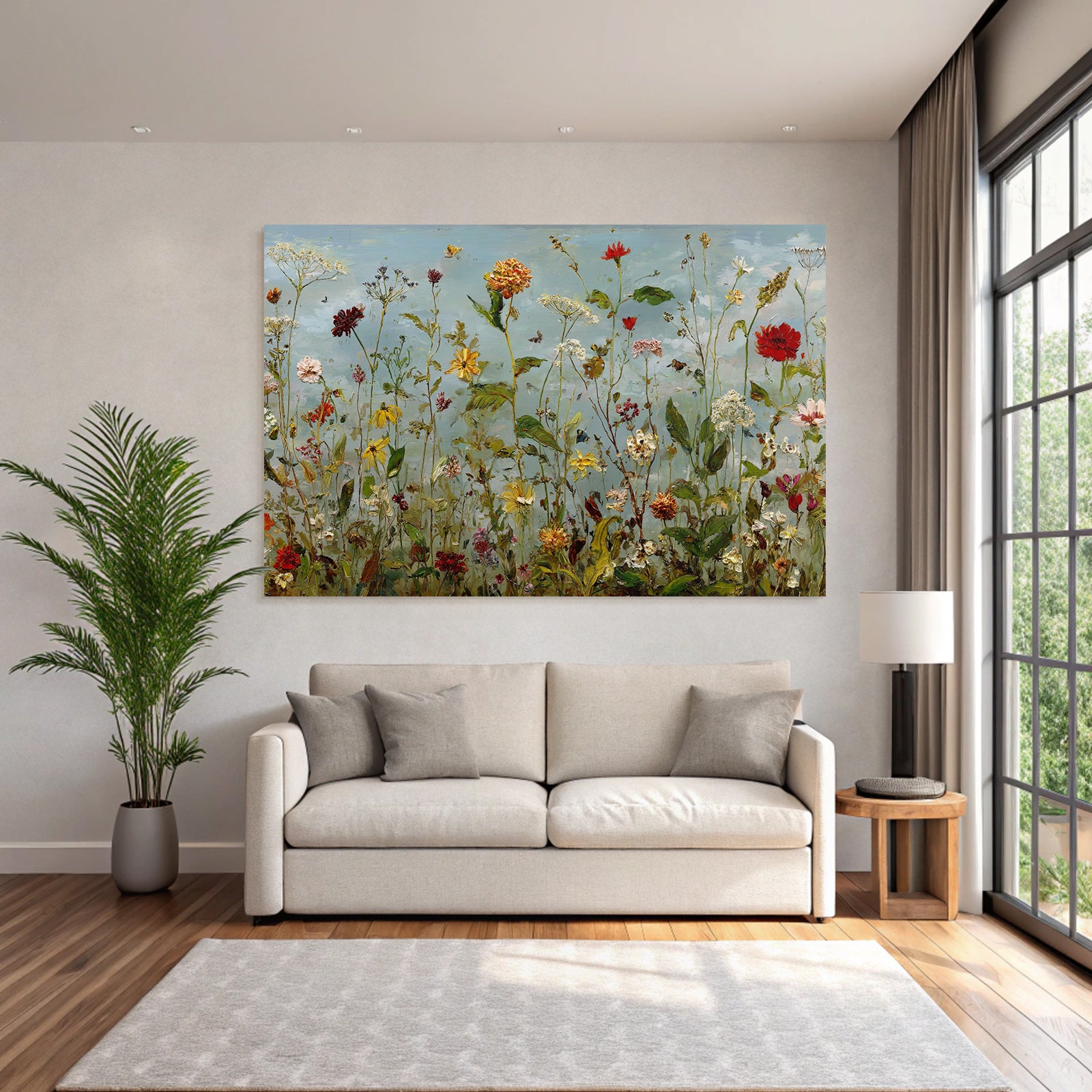 Buntes Blumenfeld Mit Vielfältigen Blüten Unter Blaüm Himmel