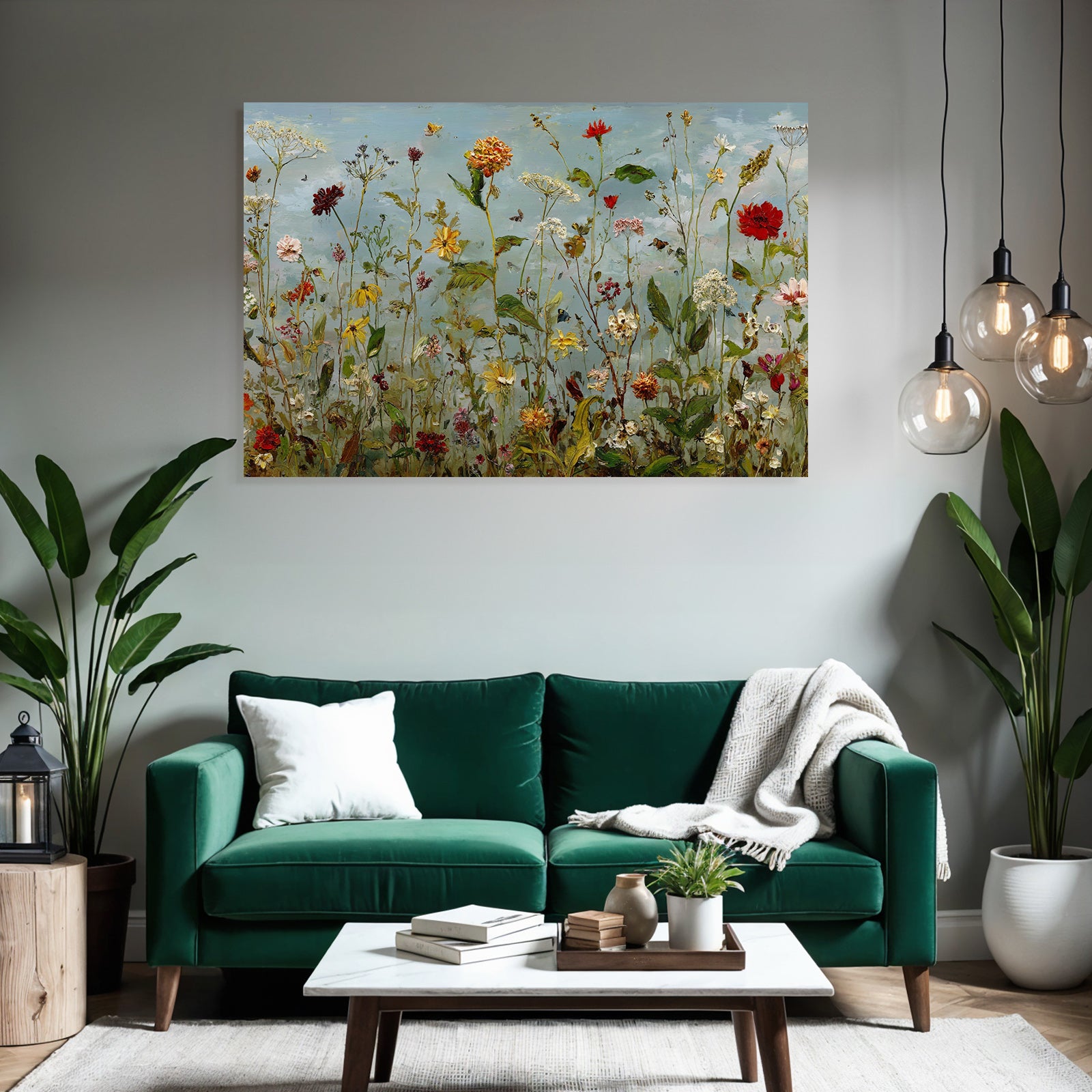 Buntes Blumenfeld Mit Vielfältigen Blüten Unter Blaüm Himmel