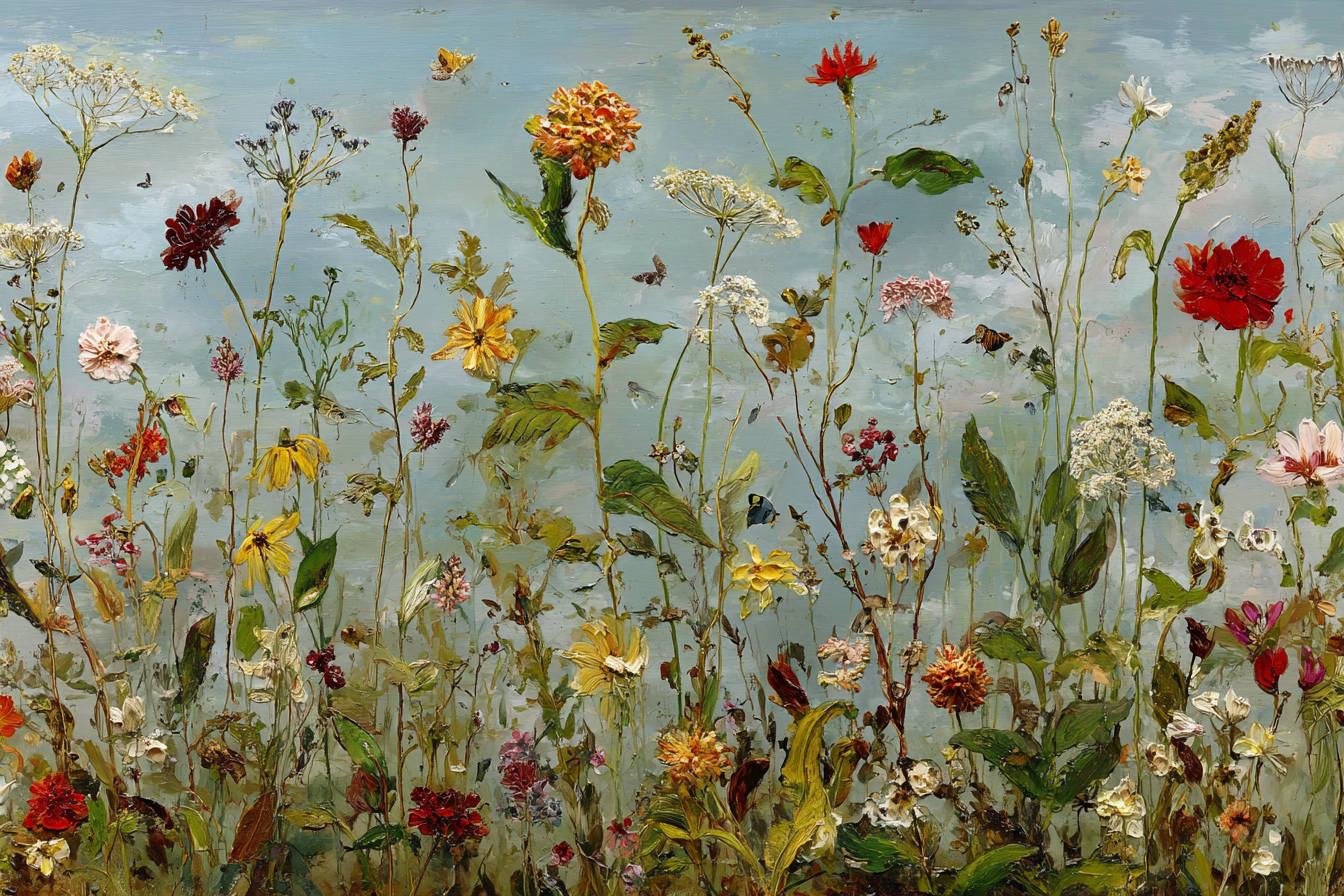 Buntes Blumenfeld Mit Vielfältigen Blüten Unter Blaüm Himmel | Wasserfaelle und Tropfen | Natur