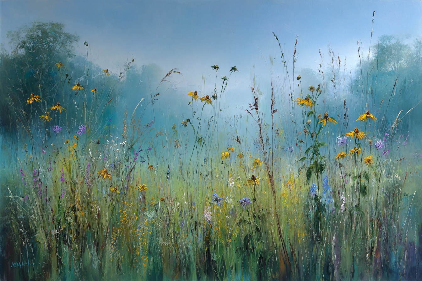 Feld Der Wildblumen Im Nebel | Wasserfaelle und Tropfen | Natur
