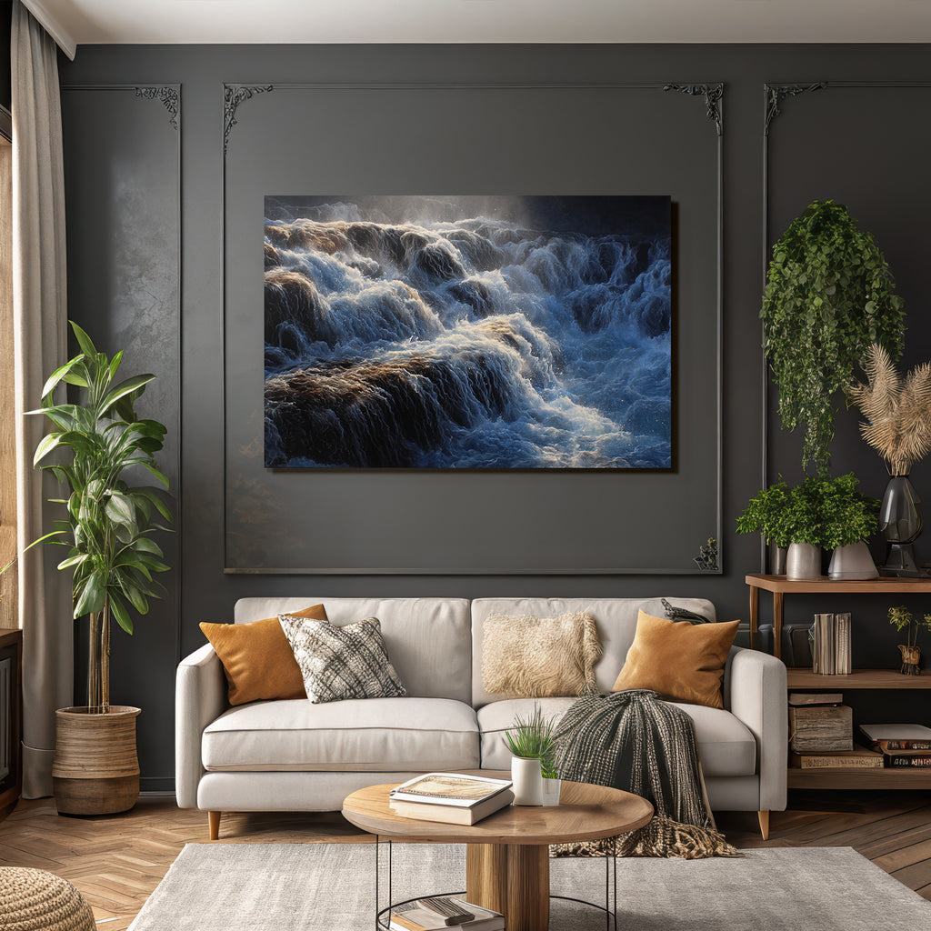 Fliessender Wasserfall Mit Schaumigen Wellen Und Lichtspiel