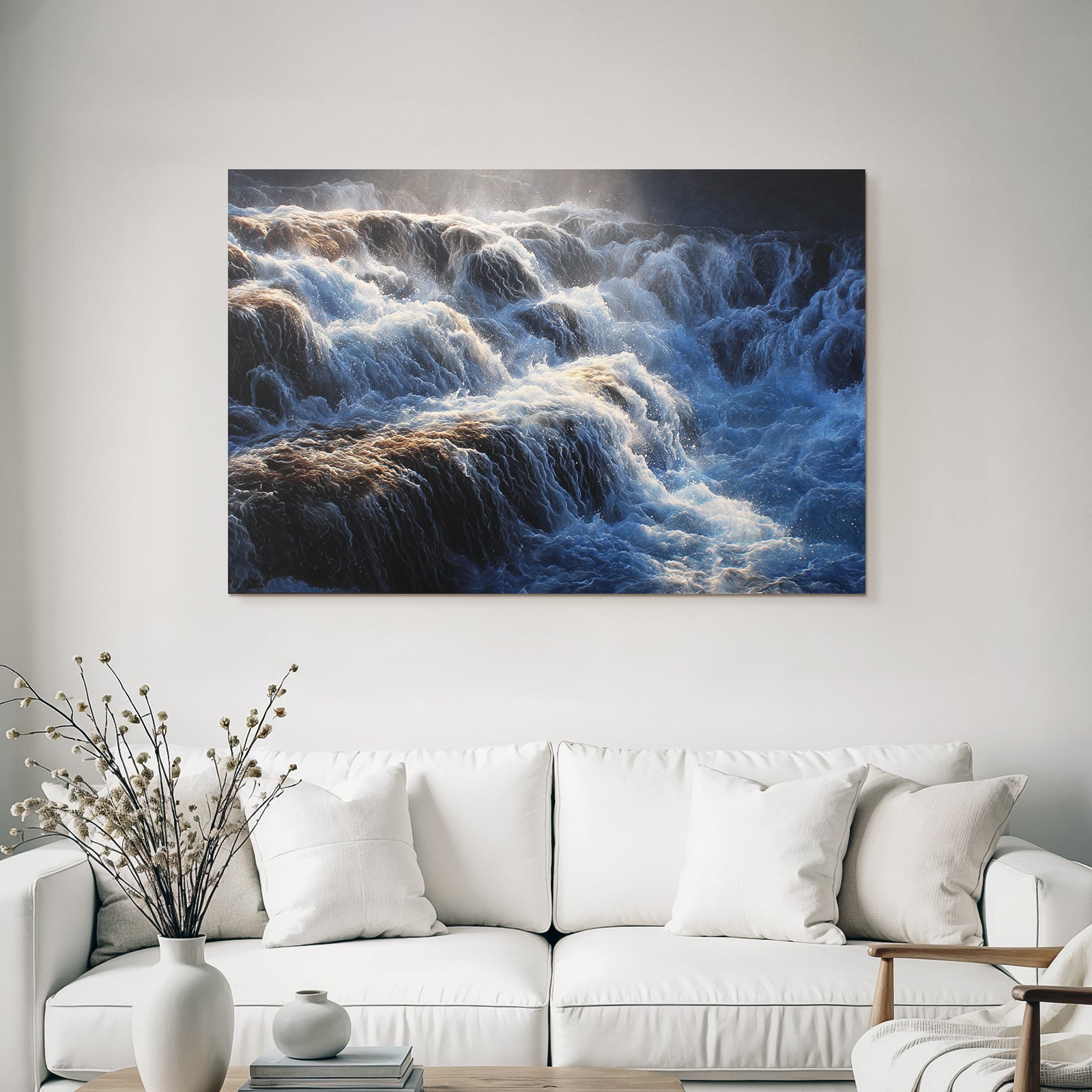 Fliessender Wasserfall Mit Schaumigen Wellen Und Lichtspiel