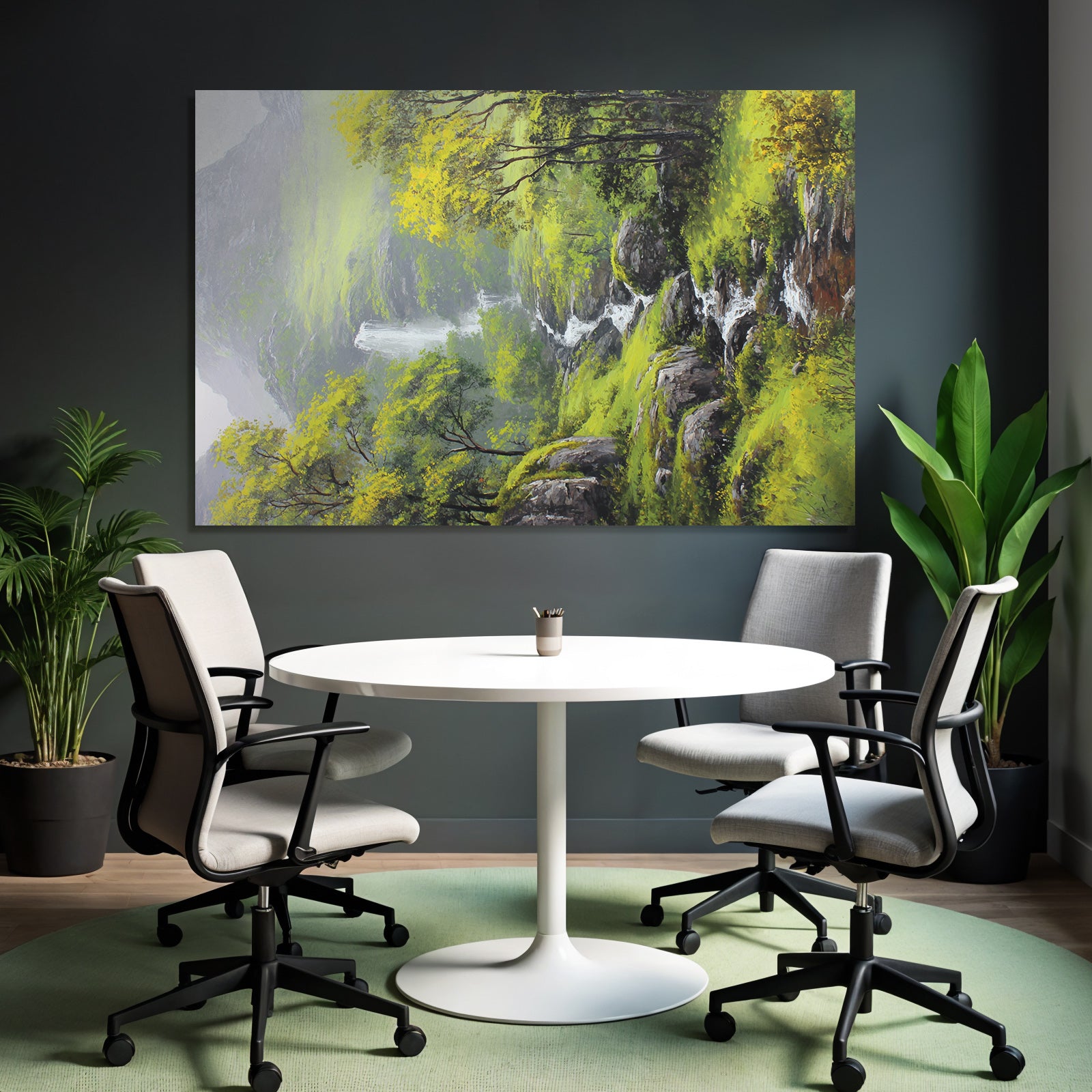 Friedliche Berglandschaft Mit Bäumen Felsen Und Wasserfall