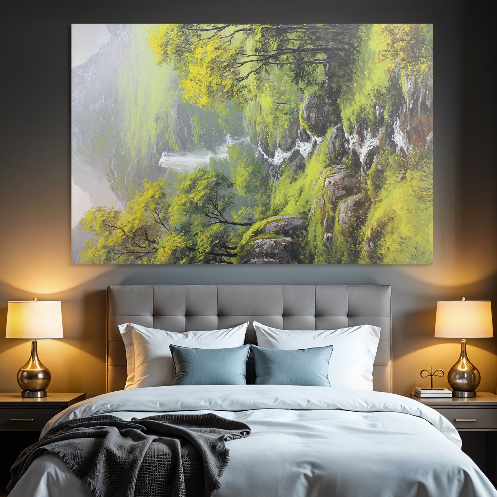 Friedliche Berglandschaft Mit Bäumen Felsen Und Wasserfall