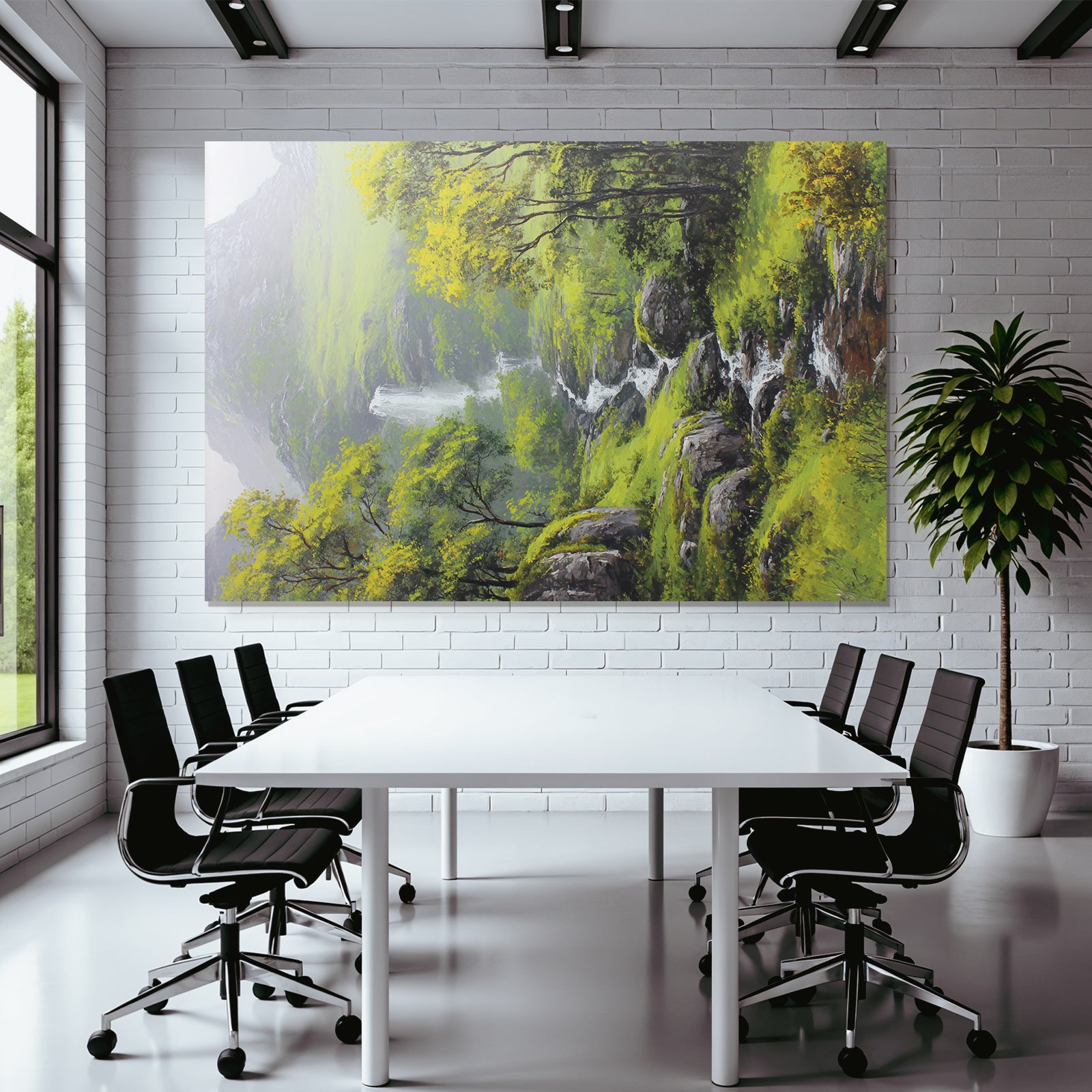 Friedliche Berglandschaft Mit Bäumen Felsen Und Wasserfall