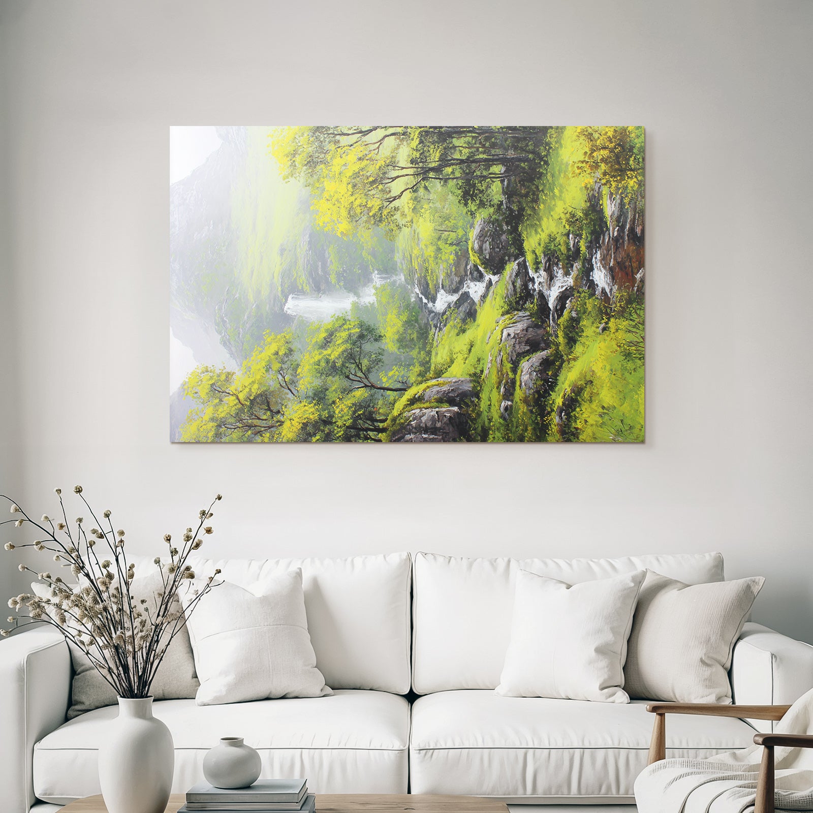 Friedliche Berglandschaft Mit Bäumen Felsen Und Wasserfall