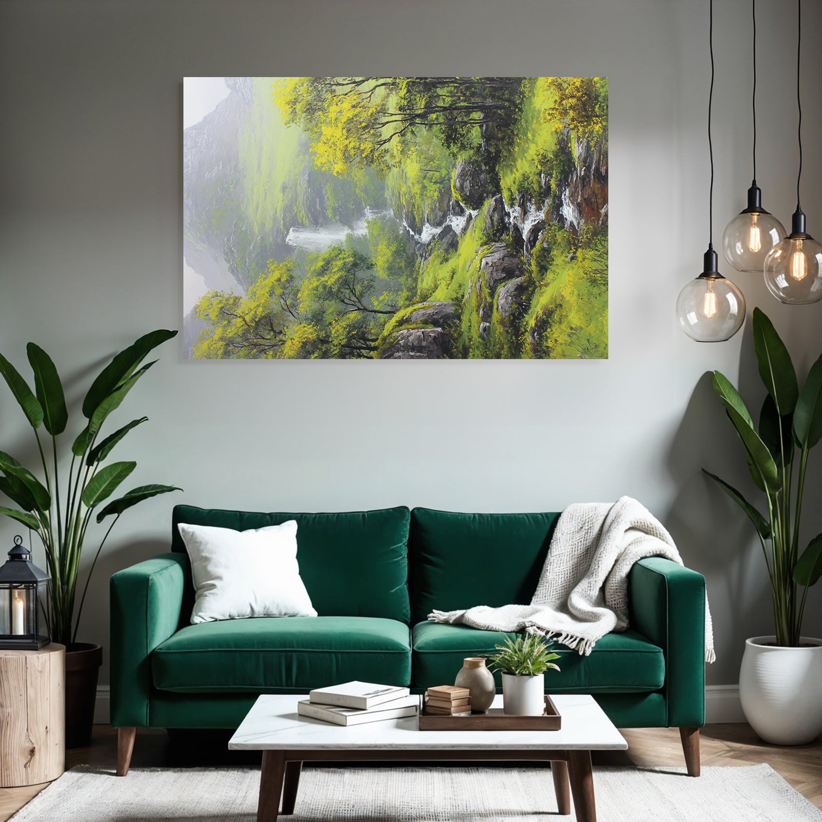 Friedliche Berglandschaft Mit Bäumen Felsen Und Wasserfall