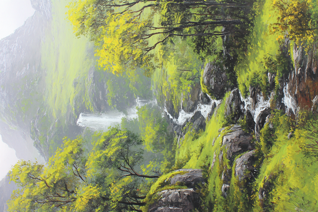 Friedliche Berglandschaft Mit Bäumen Felsen Und Wasserfall | Wasserfaelle und Tropfen | Natur