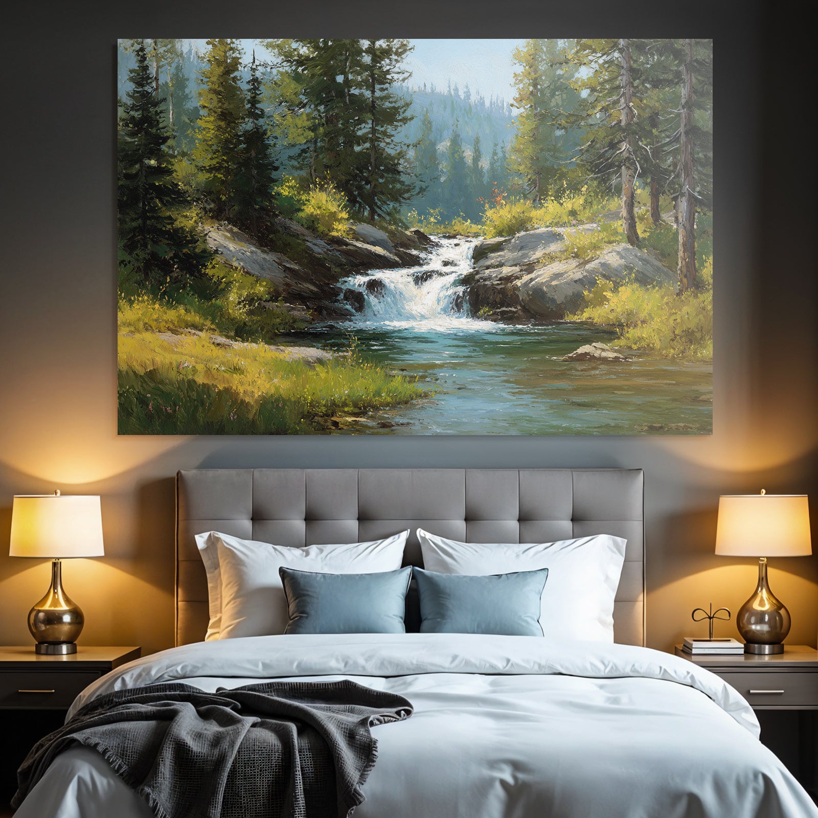 Idyllische Landschaft Mit Bach Und Wasserfall Im Grünen
