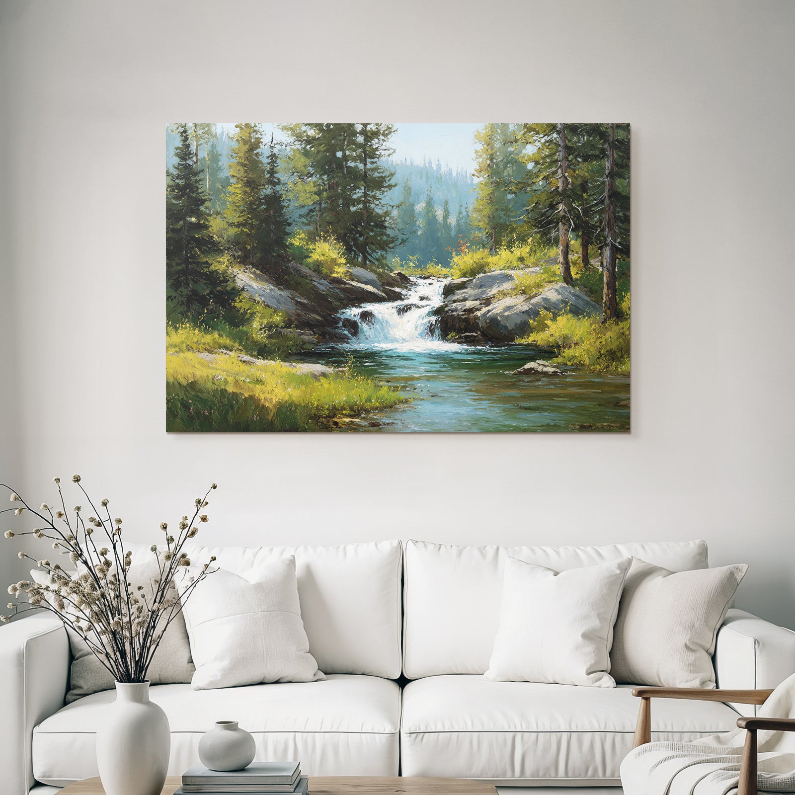 Idyllische Landschaft Mit Bach Und Wasserfall Im Grünen