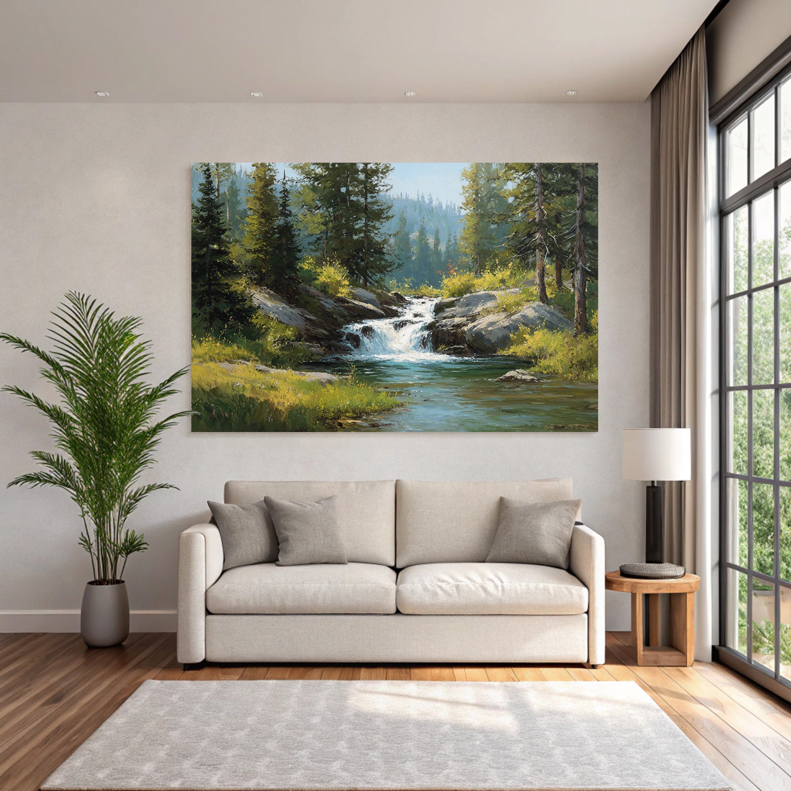Idyllische Landschaft Mit Bach Und Wasserfall Im Grünen