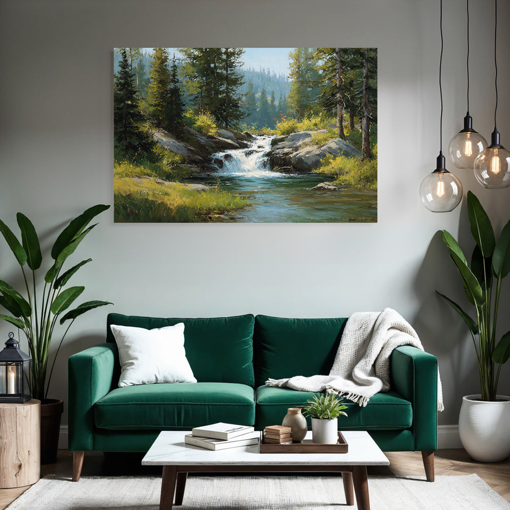 Idyllische Landschaft Mit Bach Und Wasserfall Im Grünen