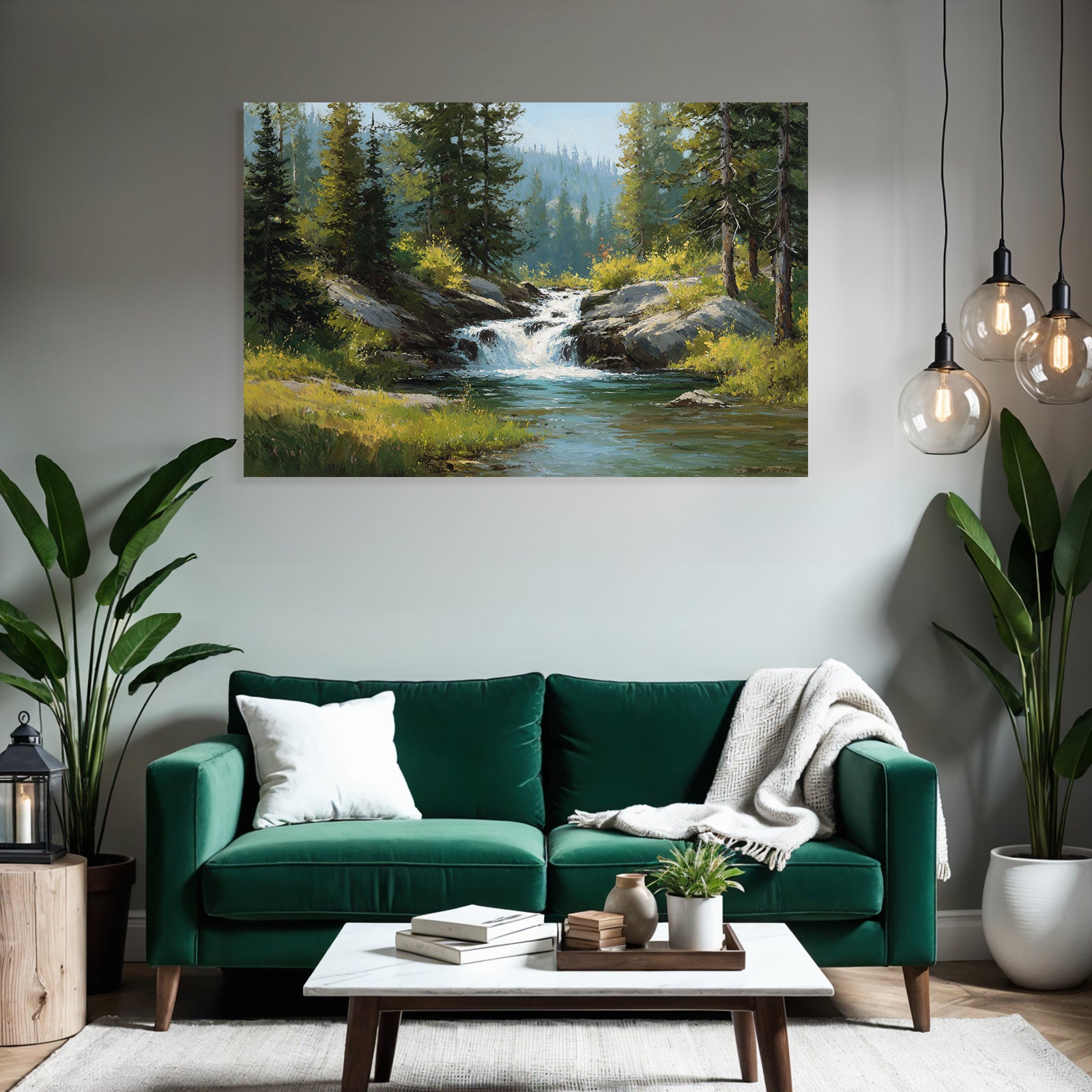 Idyllische Landschaft Mit Bach Und Wasserfall Im Grünen