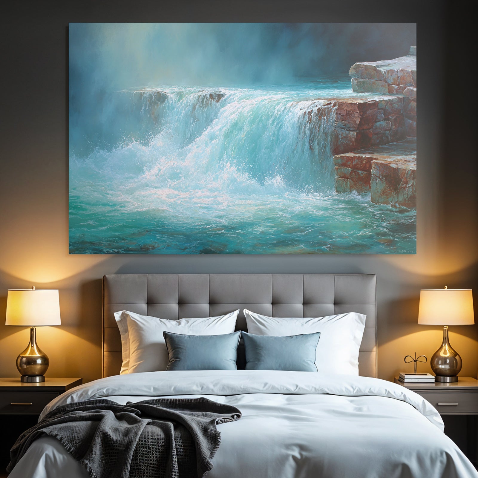Malerei Eines Ruhigen Wasserfalls In Blau Und Türkis