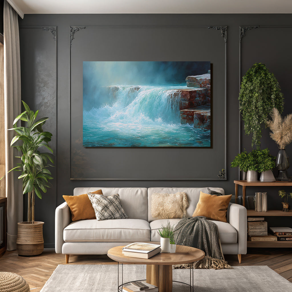Malerei Eines Ruhigen Wasserfalls In Blau Und Türkis
