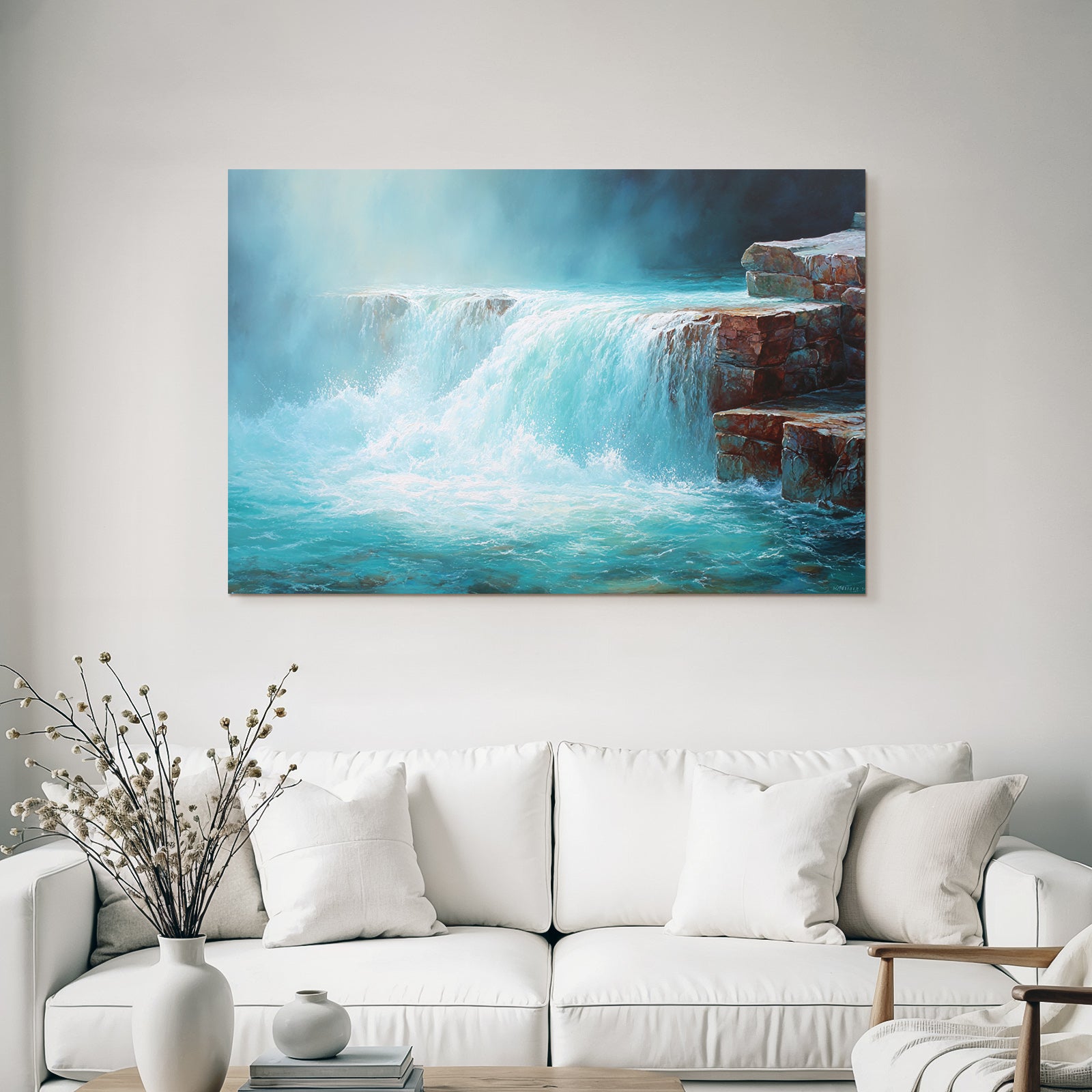 Malerei Eines Ruhigen Wasserfalls In Blau Und Türkis