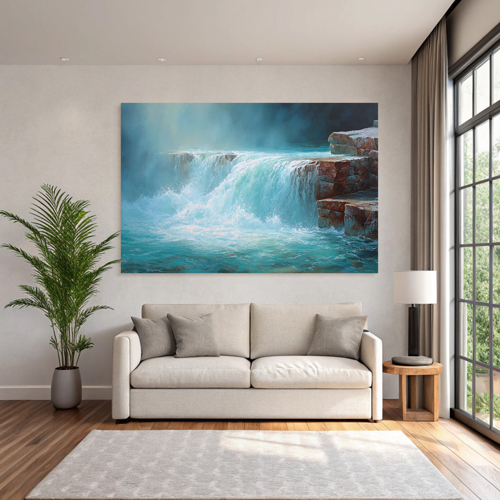 Malerei Eines Ruhigen Wasserfalls In Blau Und Türkis