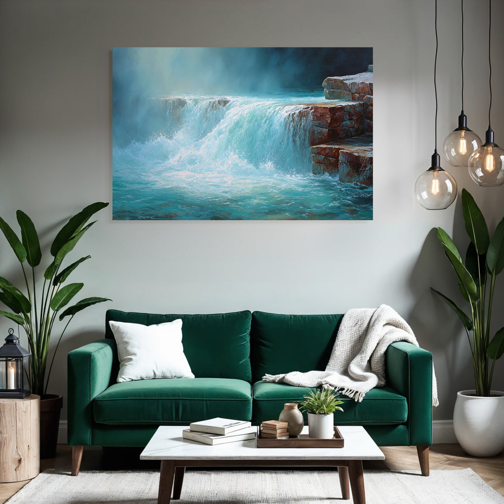 Malerei Eines Ruhigen Wasserfalls In Blau Und Türkis
