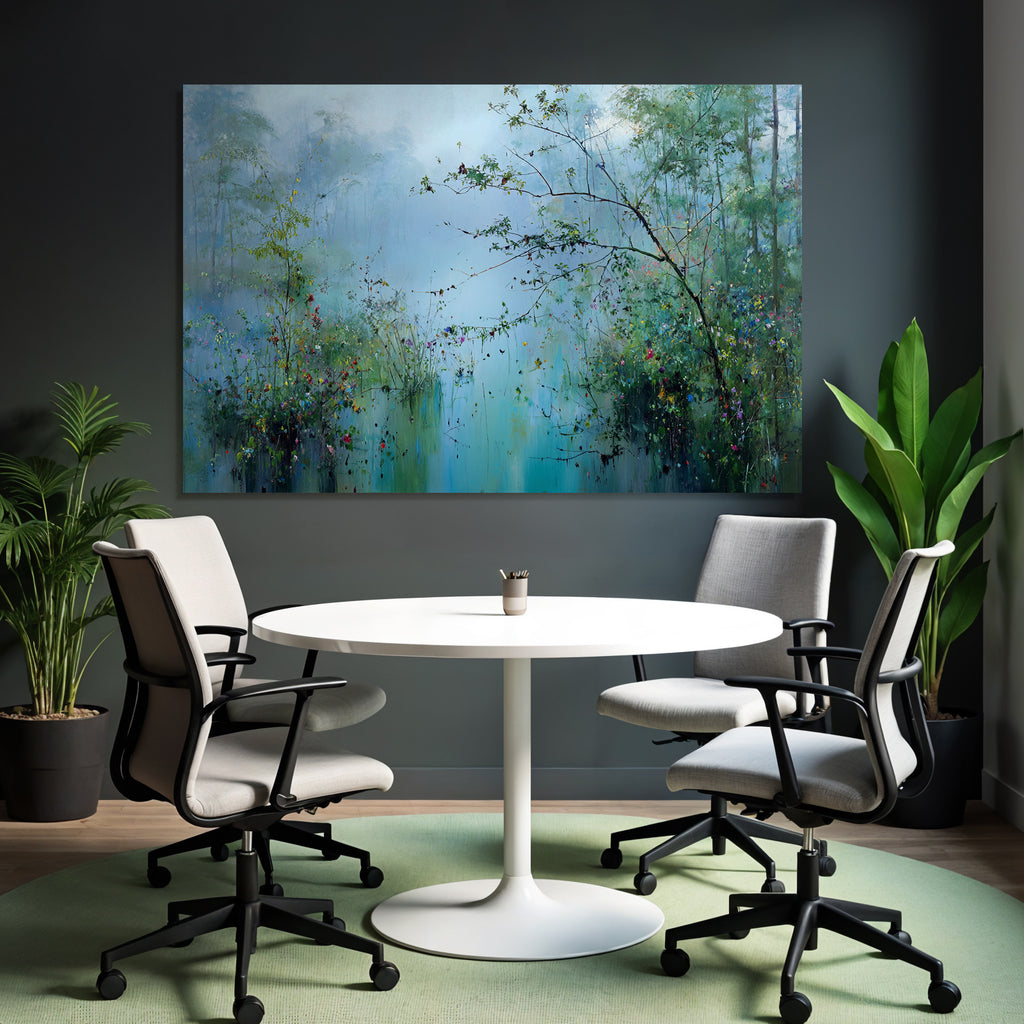 Nebelige Seenlandschaft Mit Wildblumen Und Bäumen