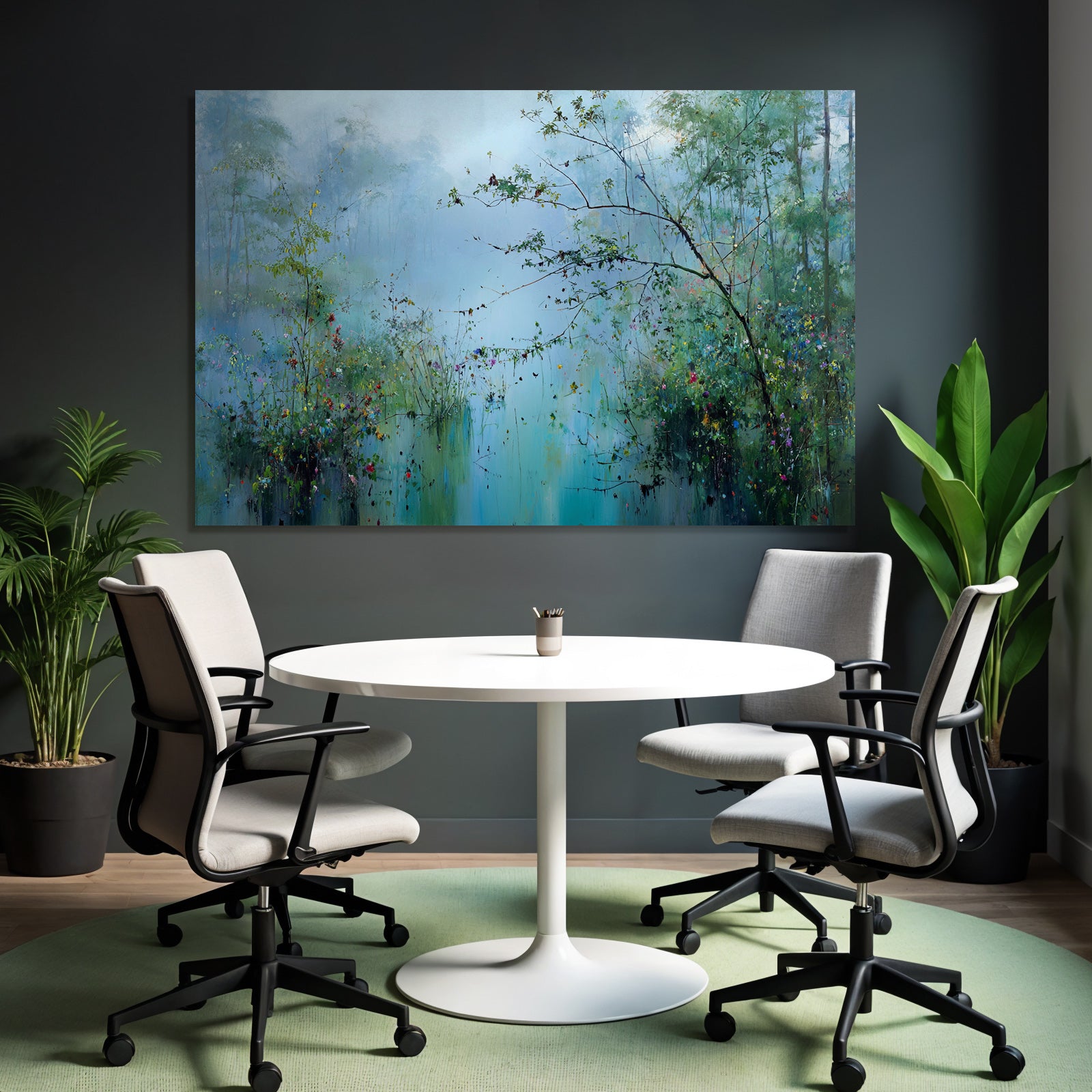 Nebelige Seenlandschaft Mit Wildblumen Und Bäumen
