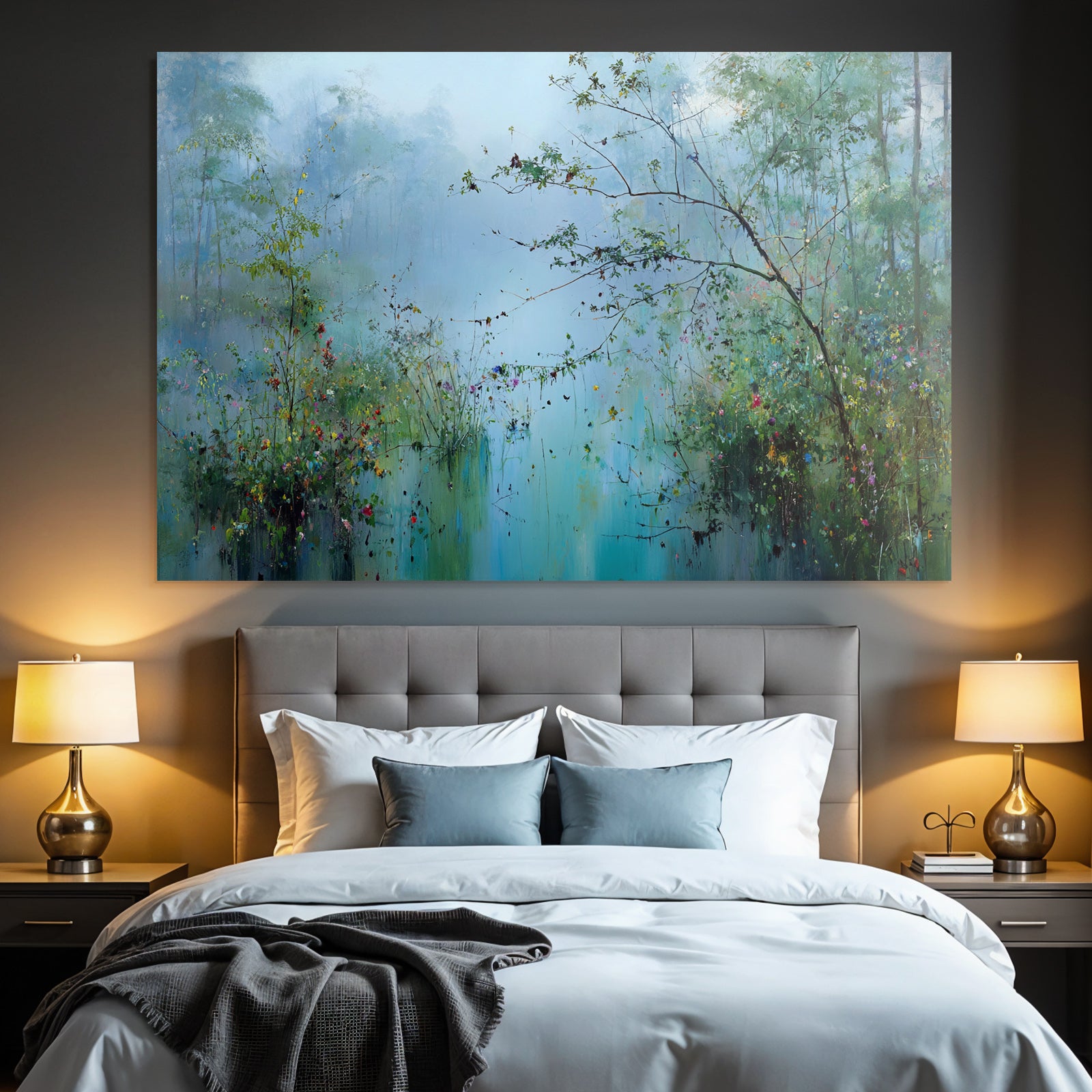 Nebelige Seenlandschaft Mit Wildblumen Und Bäumen