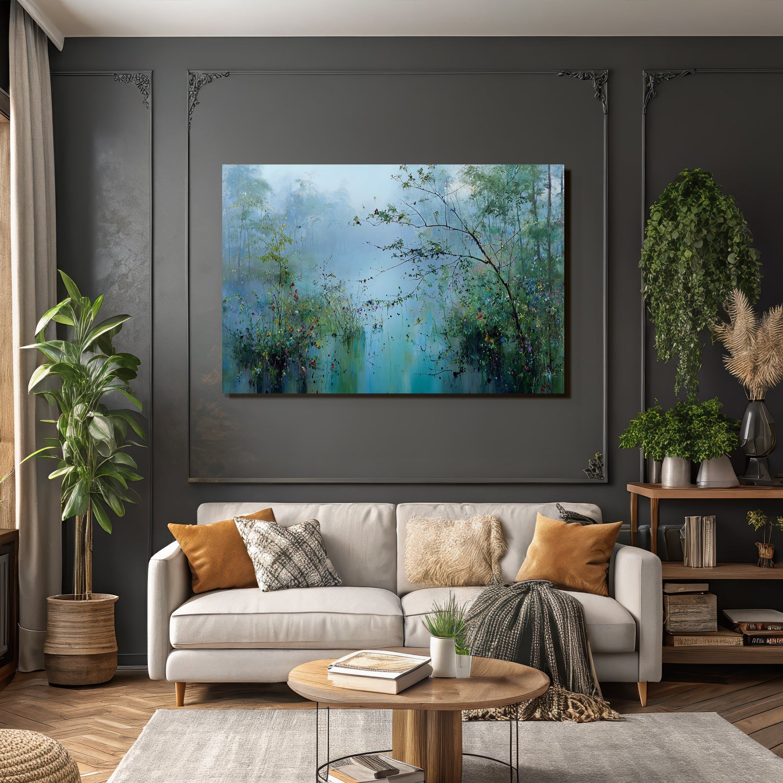 Nebelige Seenlandschaft Mit Wildblumen Und Bäumen