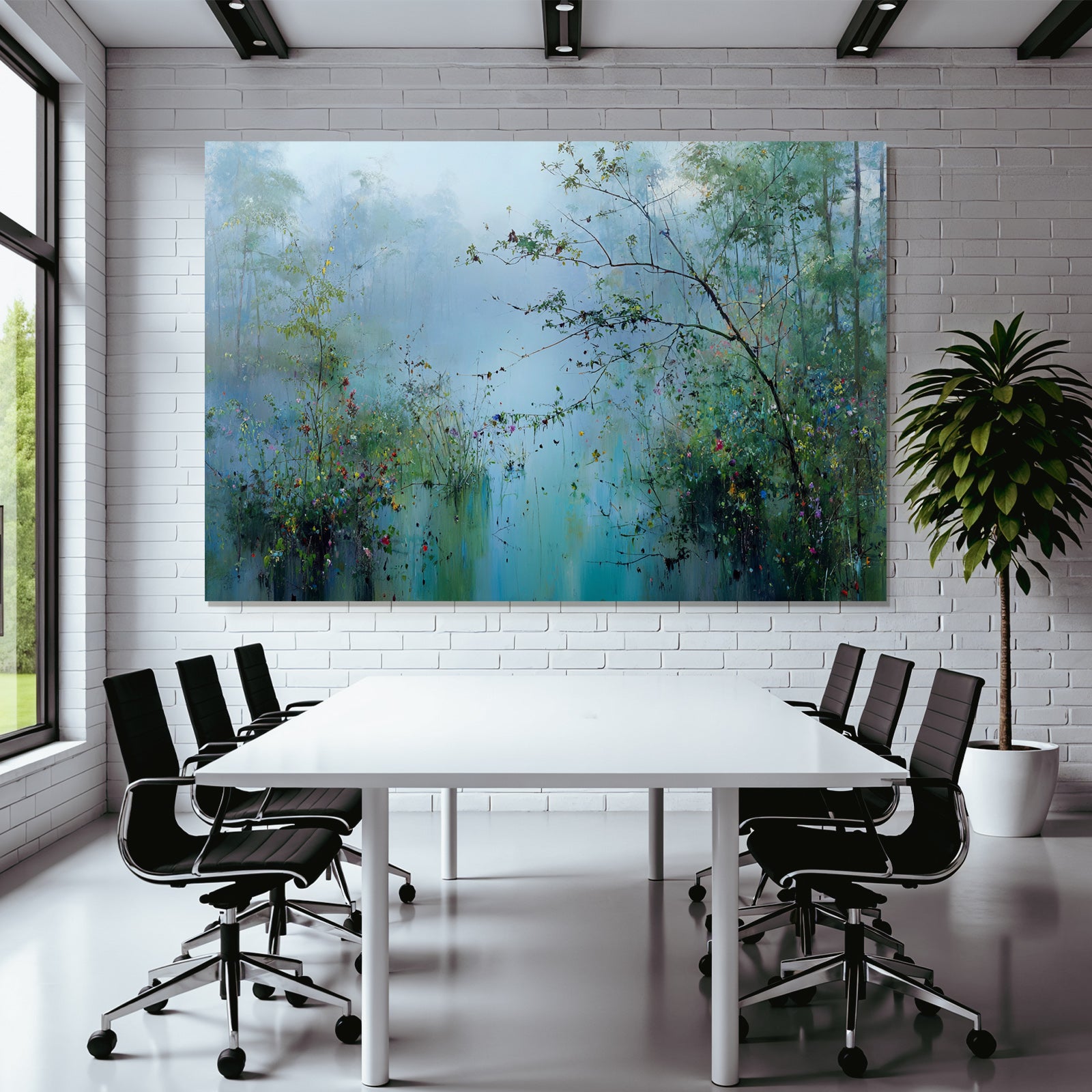 Nebelige Seenlandschaft Mit Wildblumen Und Bäumen