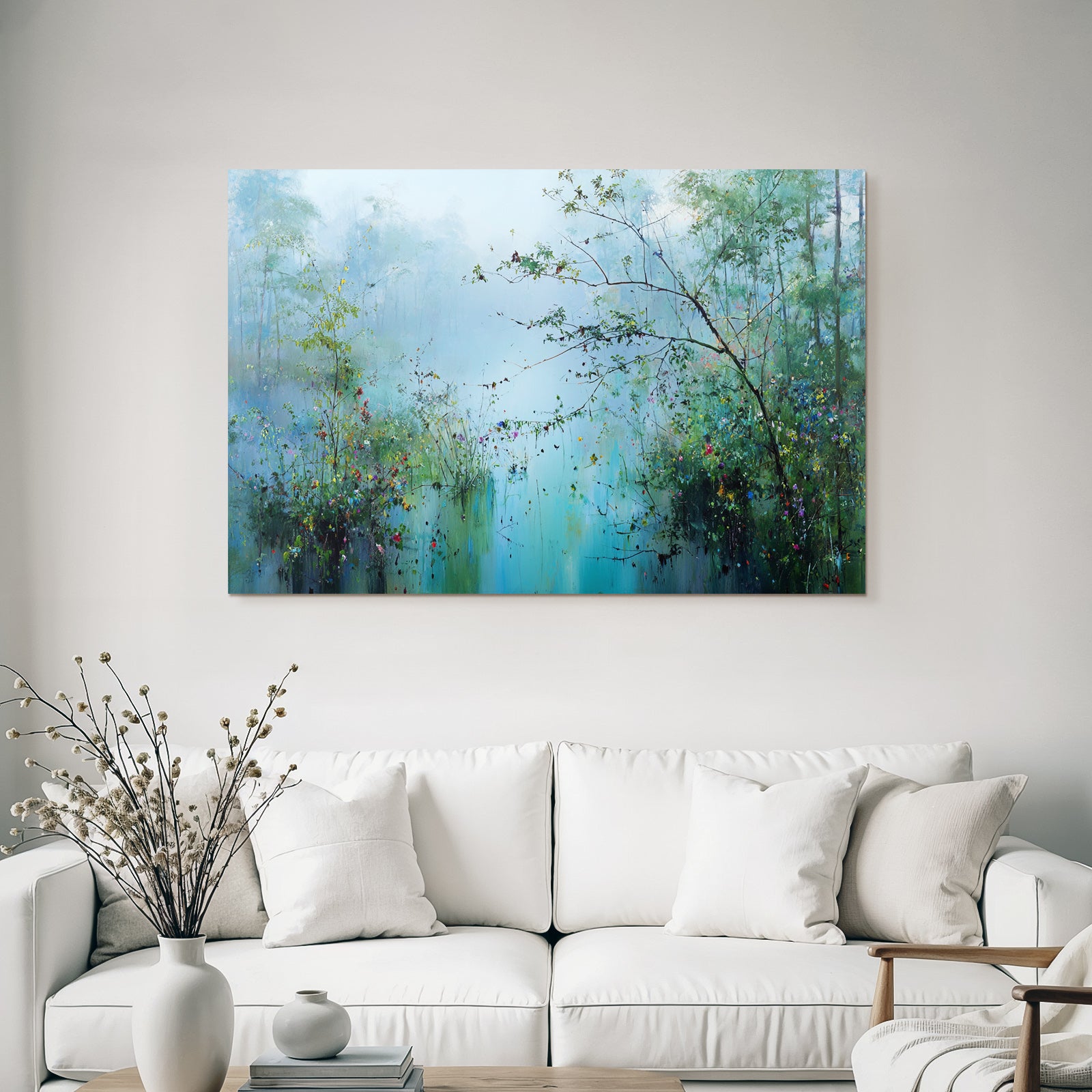 Nebelige Seenlandschaft Mit Wildblumen Und Bäumen