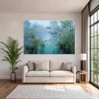 Nebelige Seenlandschaft Mit Wildblumen Und Bäumen