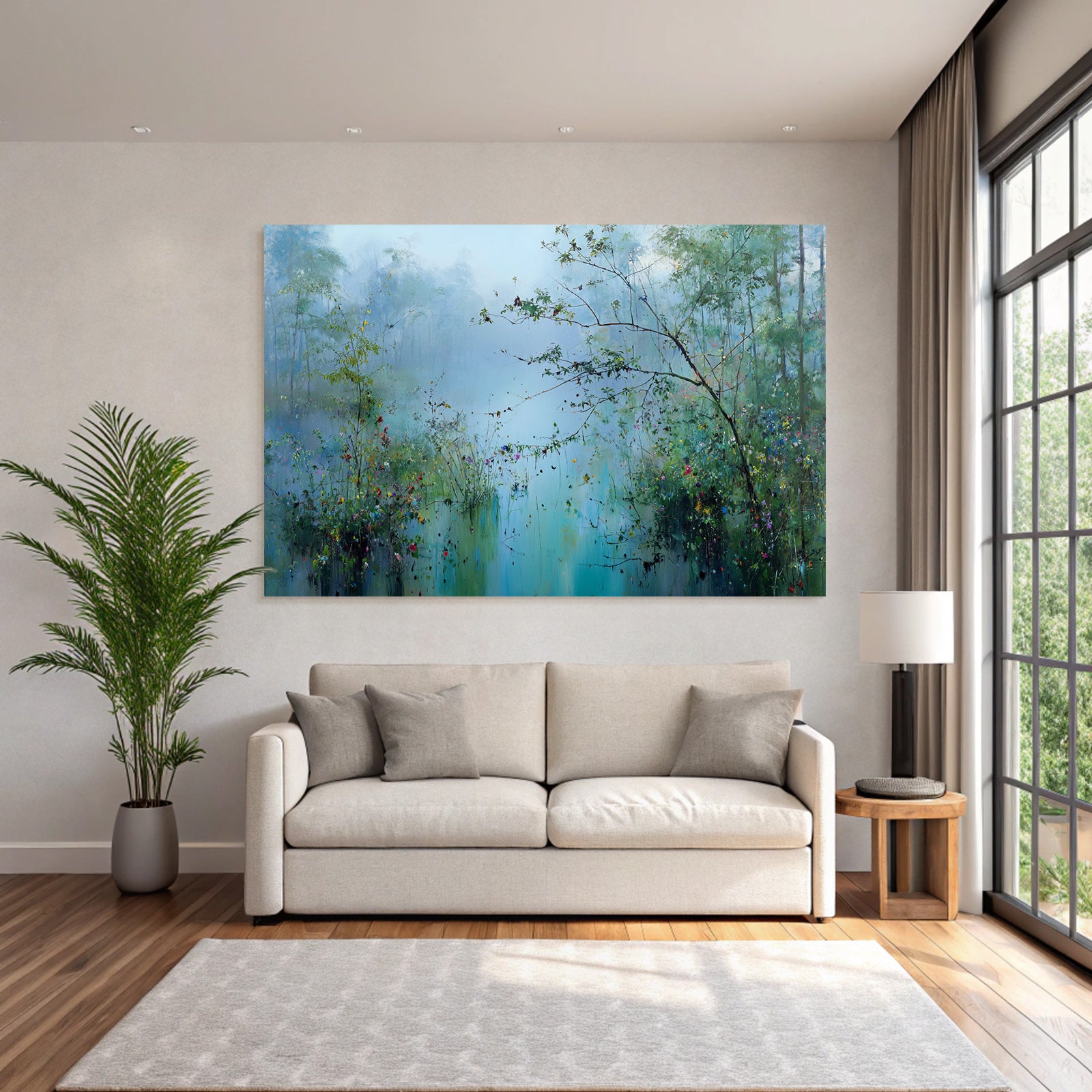Nebelige Seenlandschaft Mit Wildblumen Und Bäumen