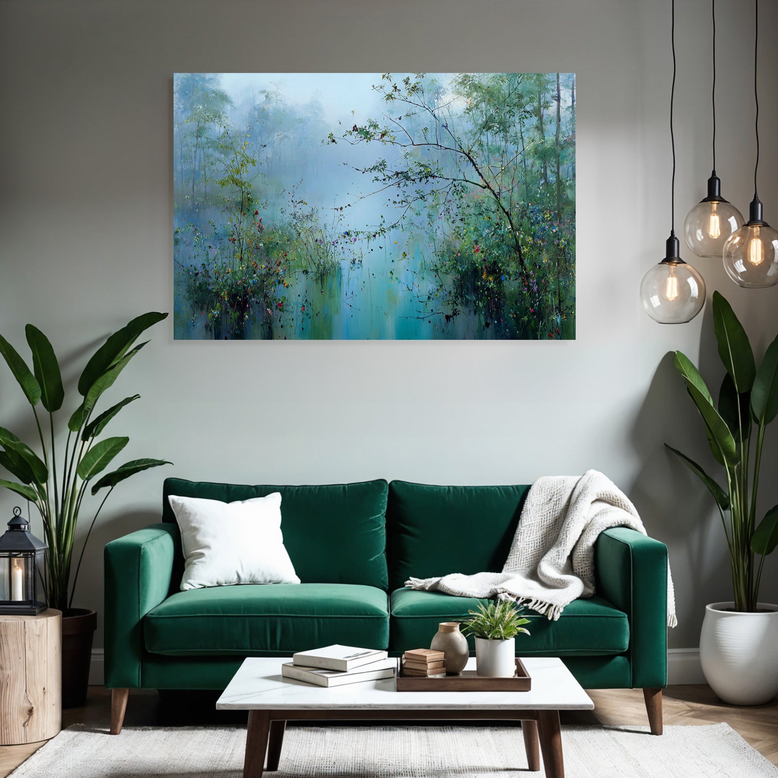 Nebelige Seenlandschaft Mit Wildblumen Und Bäumen