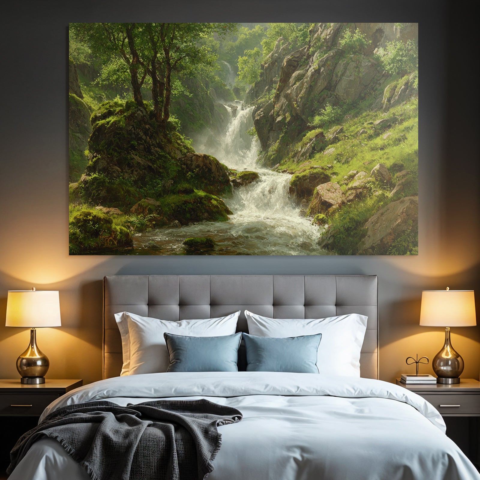 Sanfte Wasserfalllandschaft Mit Grüner Vegetation Und Felsen