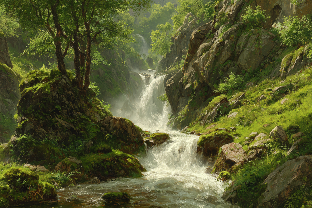 Sanfte Wasserfalllandschaft Mit Grüner Vegetation Und Felsen | Wasserfaelle und Tropfen | Natur