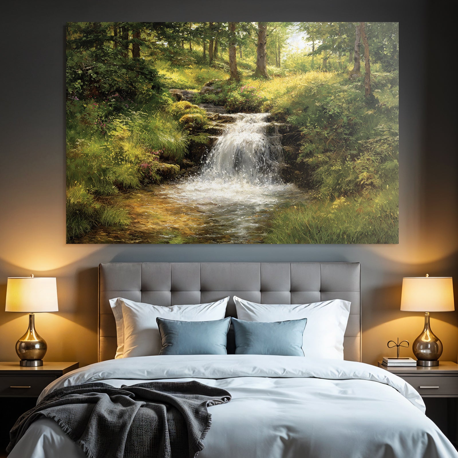Waldwasserfall Mit Sanftem Sonnenlicht Und Blumen