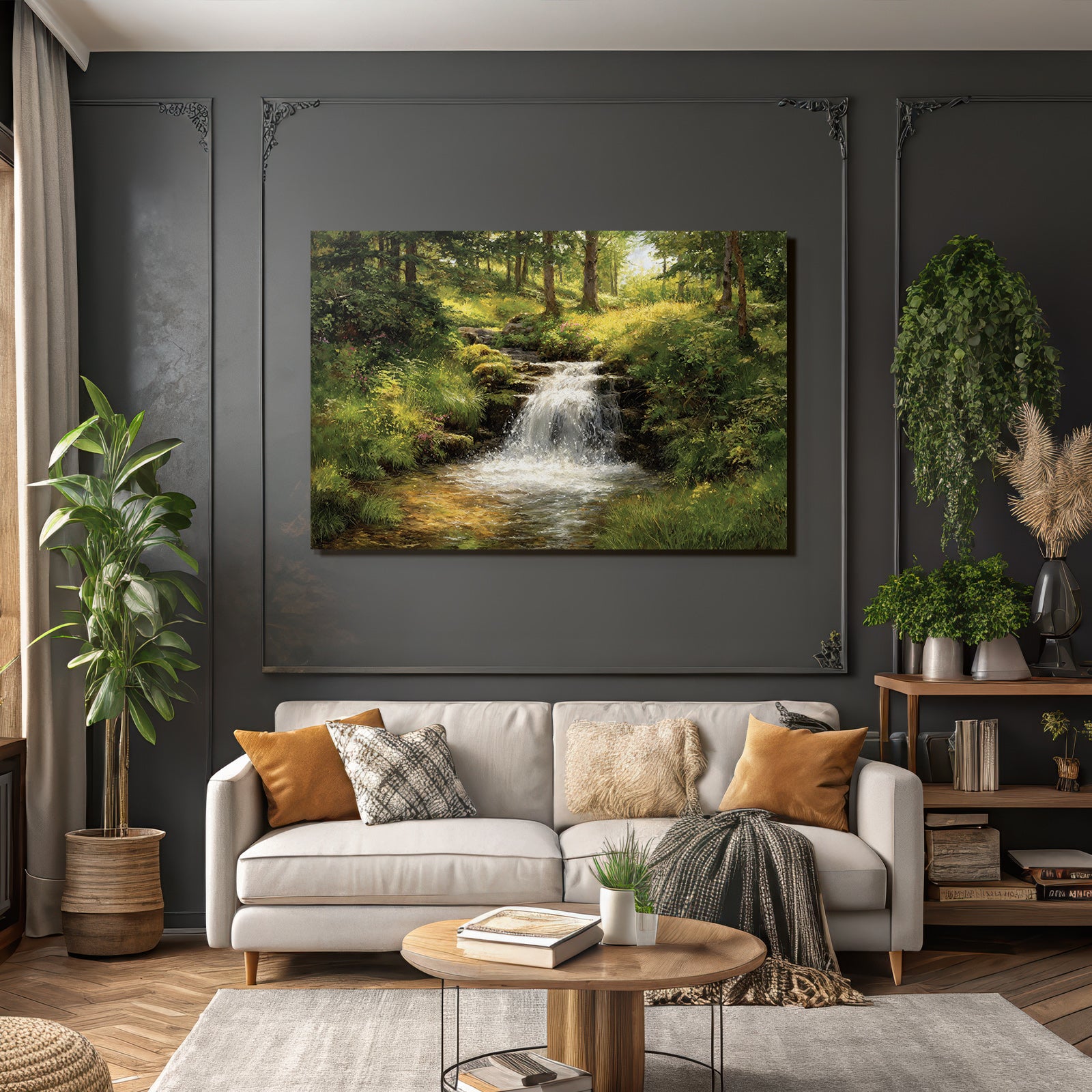 Waldwasserfall Mit Sanftem Sonnenlicht Und Blumen