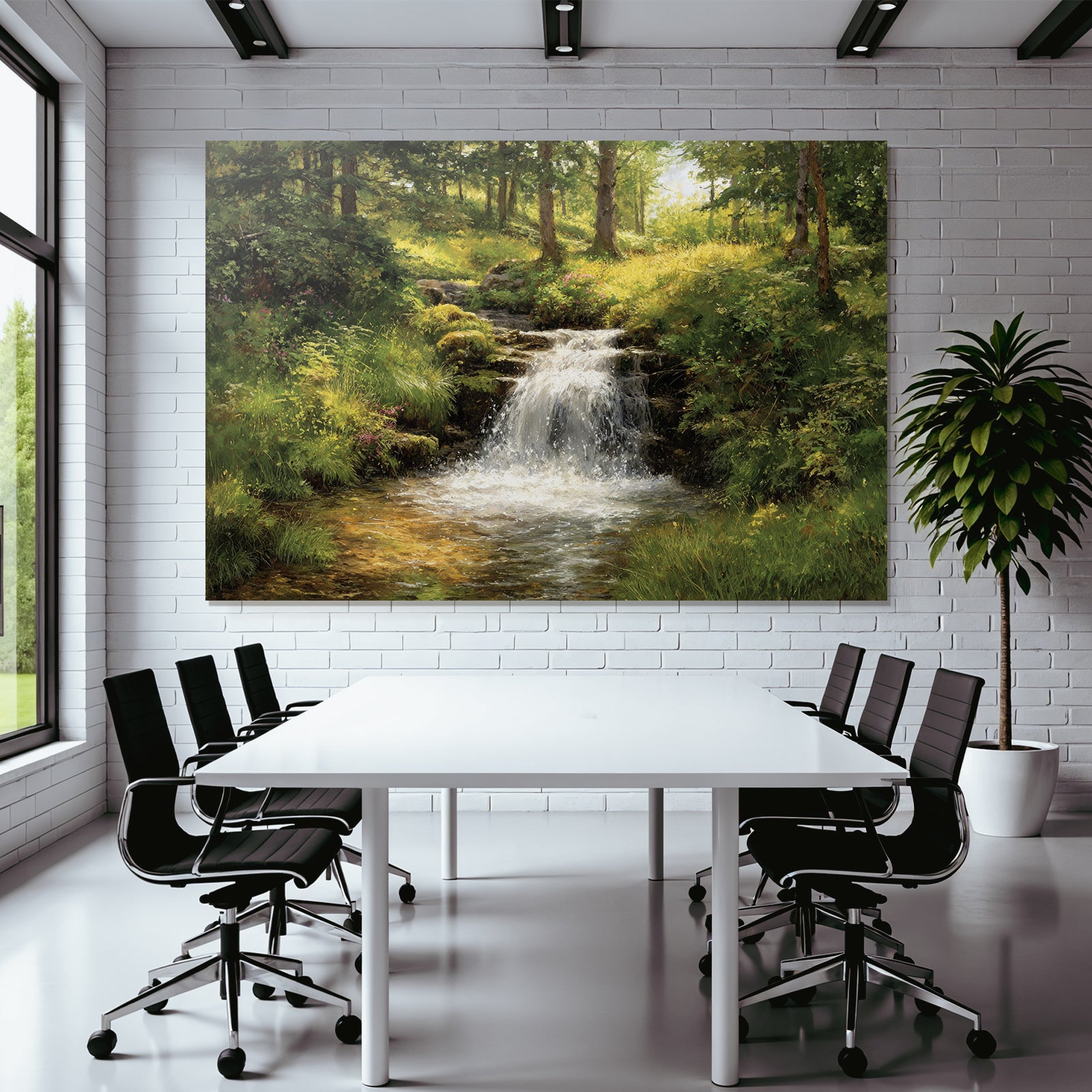 Waldwasserfall Mit Sanftem Sonnenlicht Und Blumen