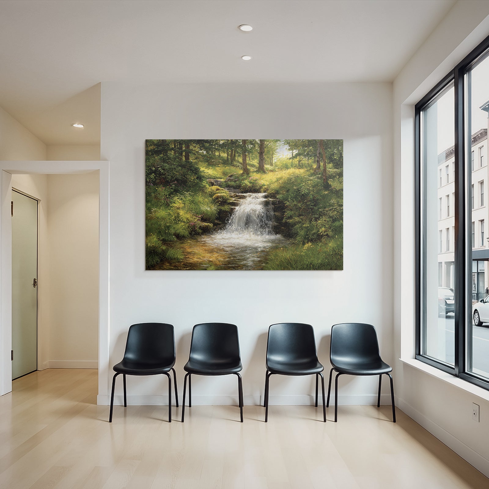 Waldwasserfall Mit Sanftem Sonnenlicht Und Blumen