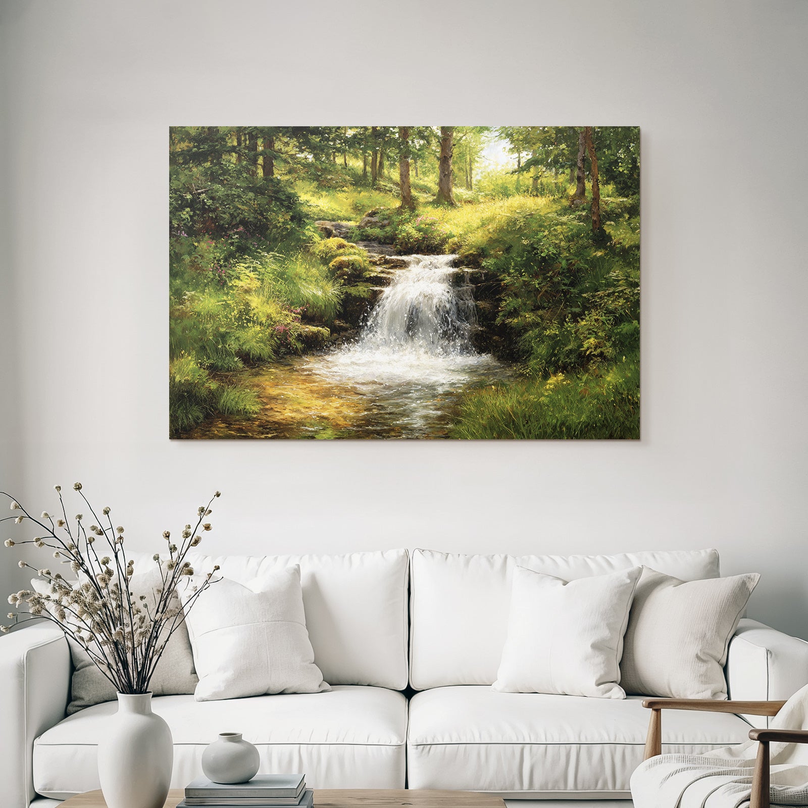Waldwasserfall Mit Sanftem Sonnenlicht Und Blumen