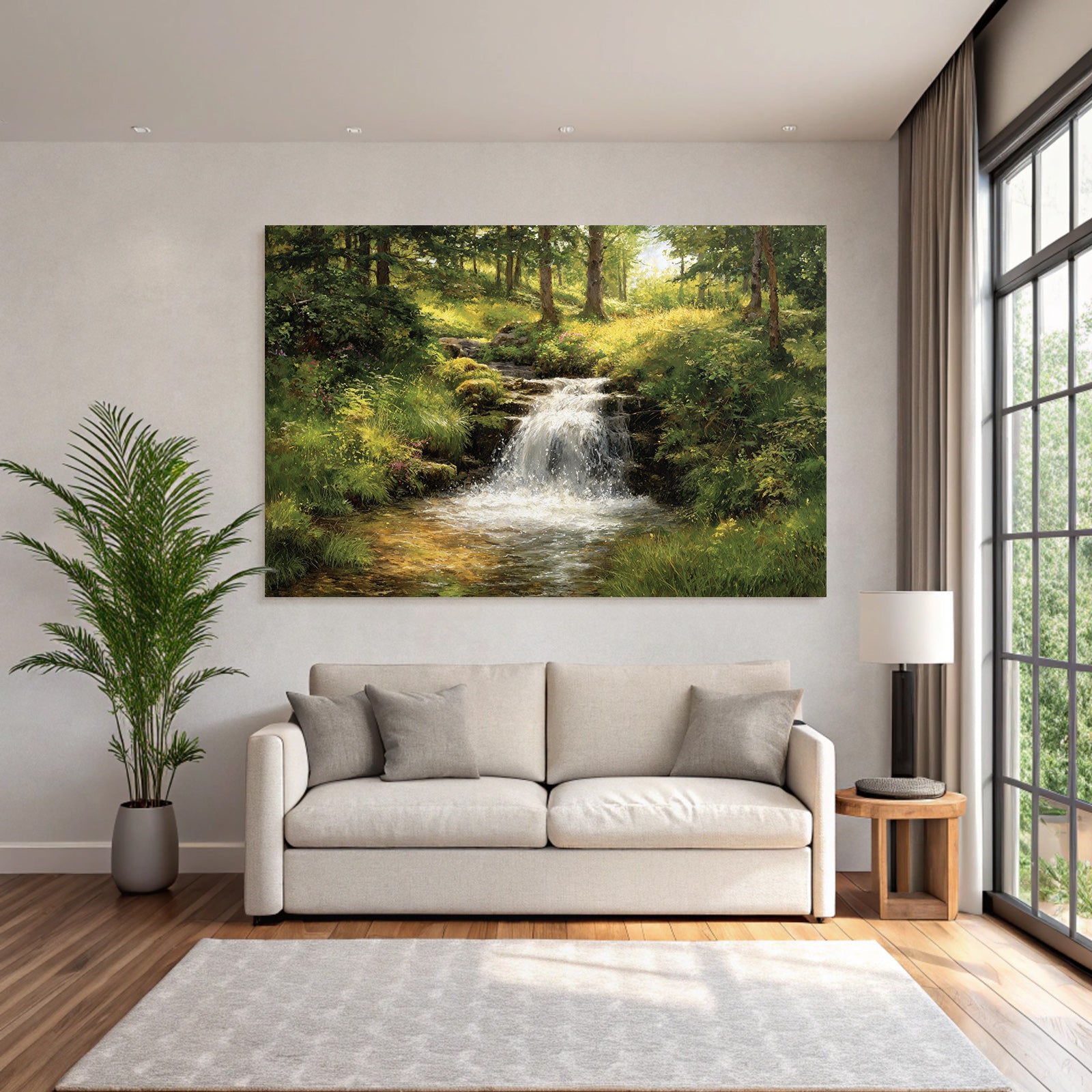 Waldwasserfall Mit Sanftem Sonnenlicht Und Blumen